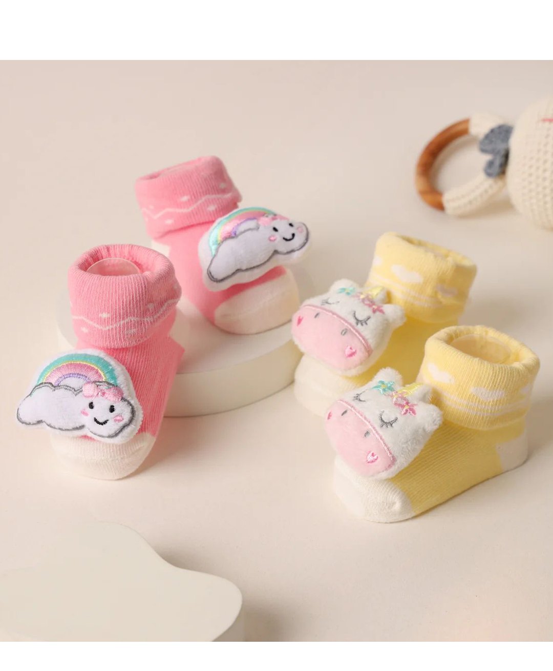 Kicks & Crawl Pack Of 2 Cotton Animal & Rainbow Applique Detailed Socks - Yellow & Pink-image-22
