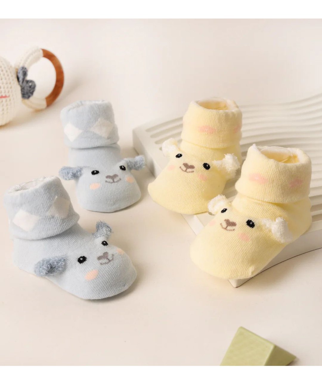 Kicks & Crawl Pack Of 2 Cotton Animal Applique Detailed Socks - Yellow & Sky Blue-image-11