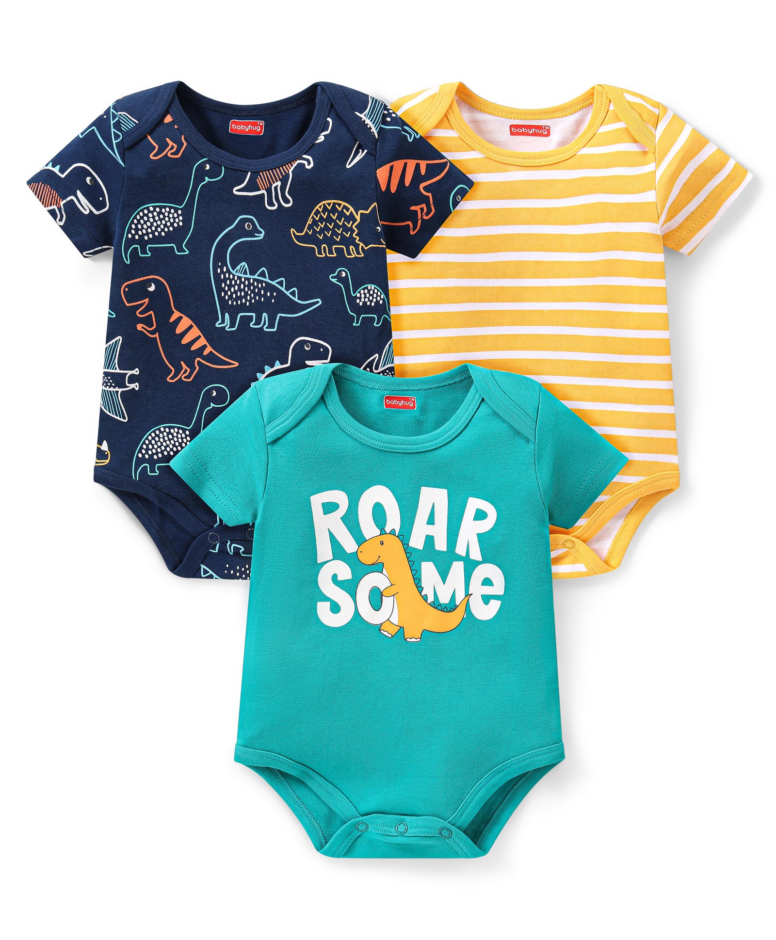Babyhug 100% Cotton Knit Half Sleeves Onesies  with Striped Dino & Text Print Pack of 3 - Multicolour-picture-21
