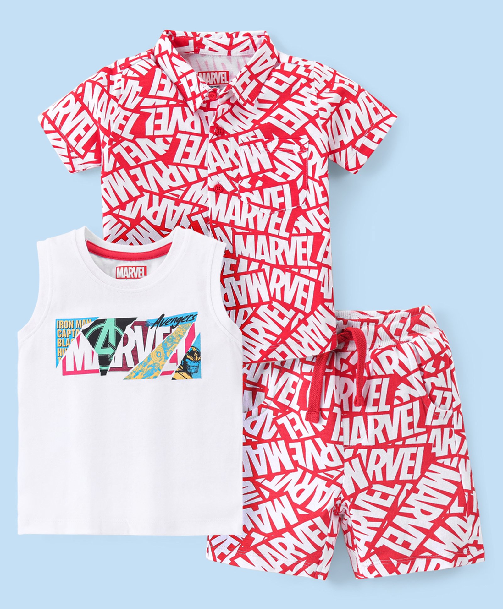 Babyhug Marvel Cotton Knit Half Sleeves All Over Printed Shirt & Shorts Set With Inner Sleeveless Tee - Red & White-image-14