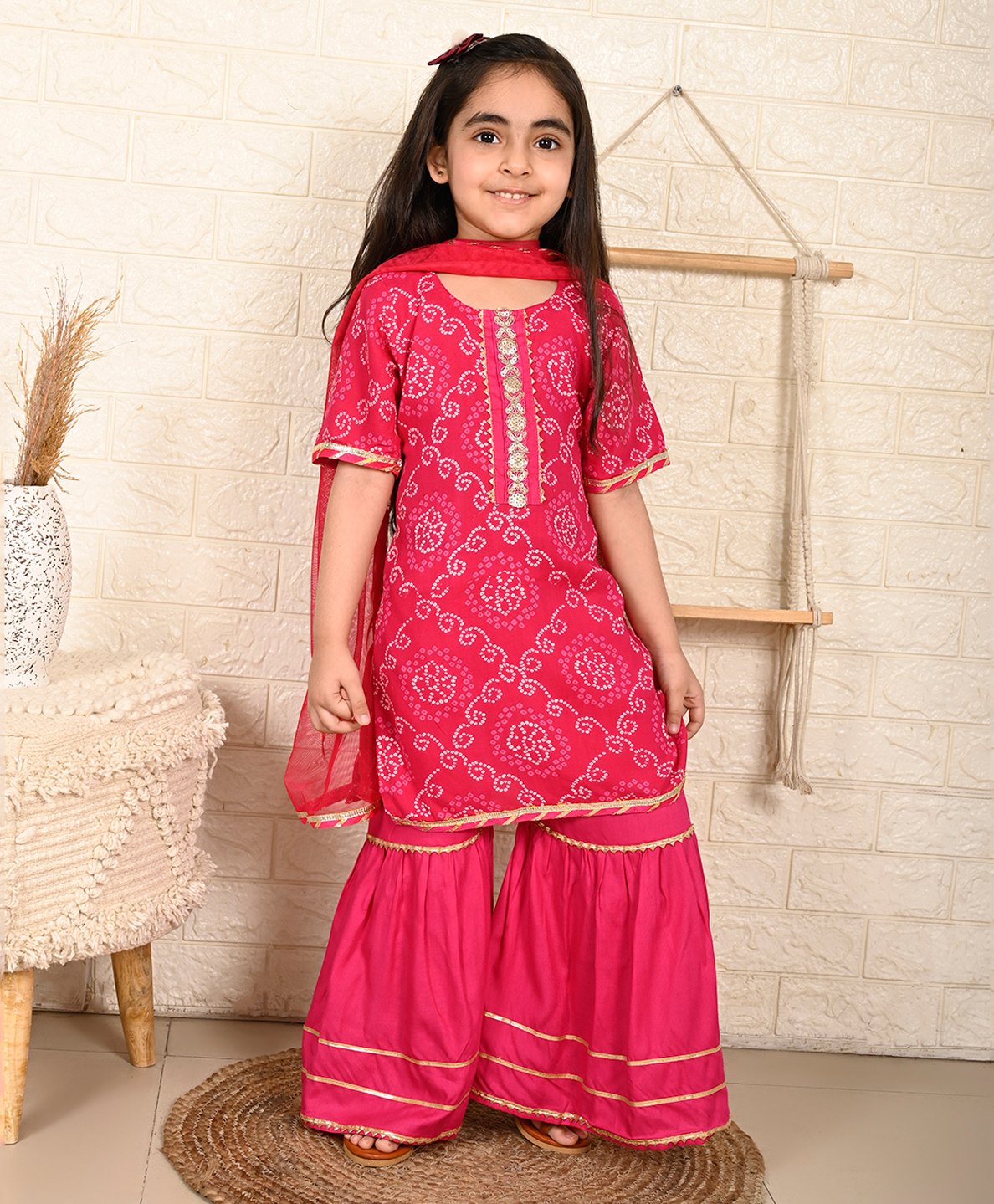 Kinder Kids Half Sleeves Bandhej Design & Gota Lace Embellished Kurta Sharara With Dupatta - Pink-image-14