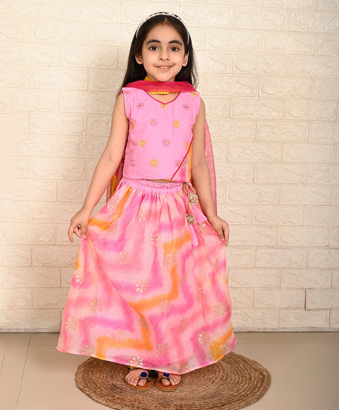 Kinder Kids Sleeveless Floral Embroidered & Gota Lace Embellished Choli Lehenga & Dupatta Set - Pink-image-41