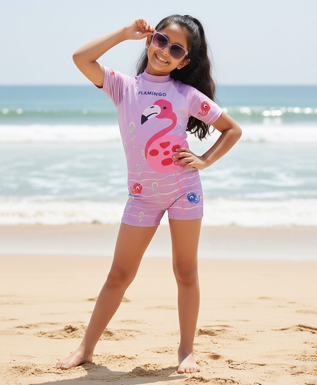 The Mom Store Half Sleeves Flamingo Printed Swimsuit With Cap Set - Lavender-picture-25