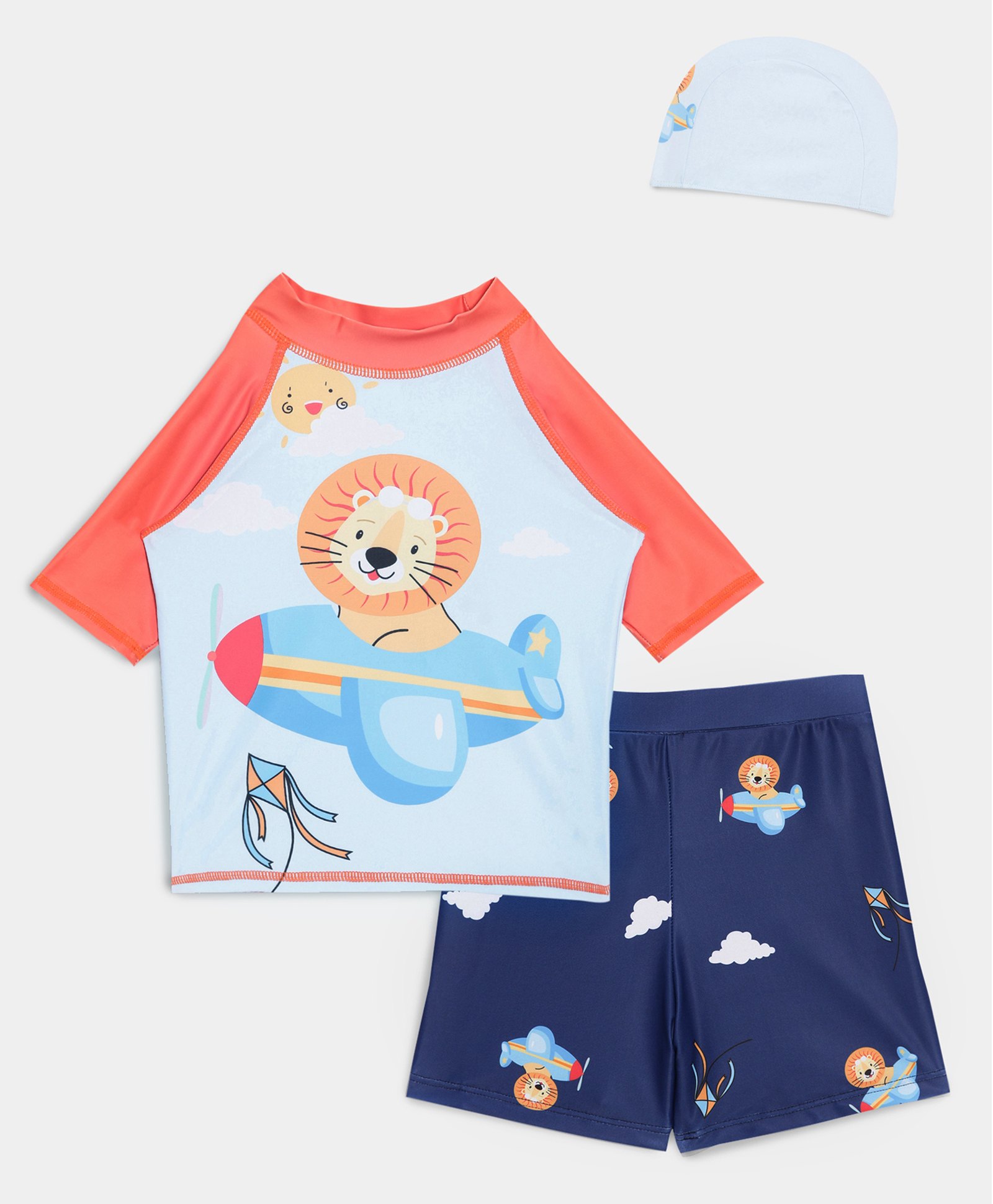 The Mom Store Half Raglan Sleeves Lion & Aeroplane Printed Swimsuit Set With Cap - Multi Colour-picture-32