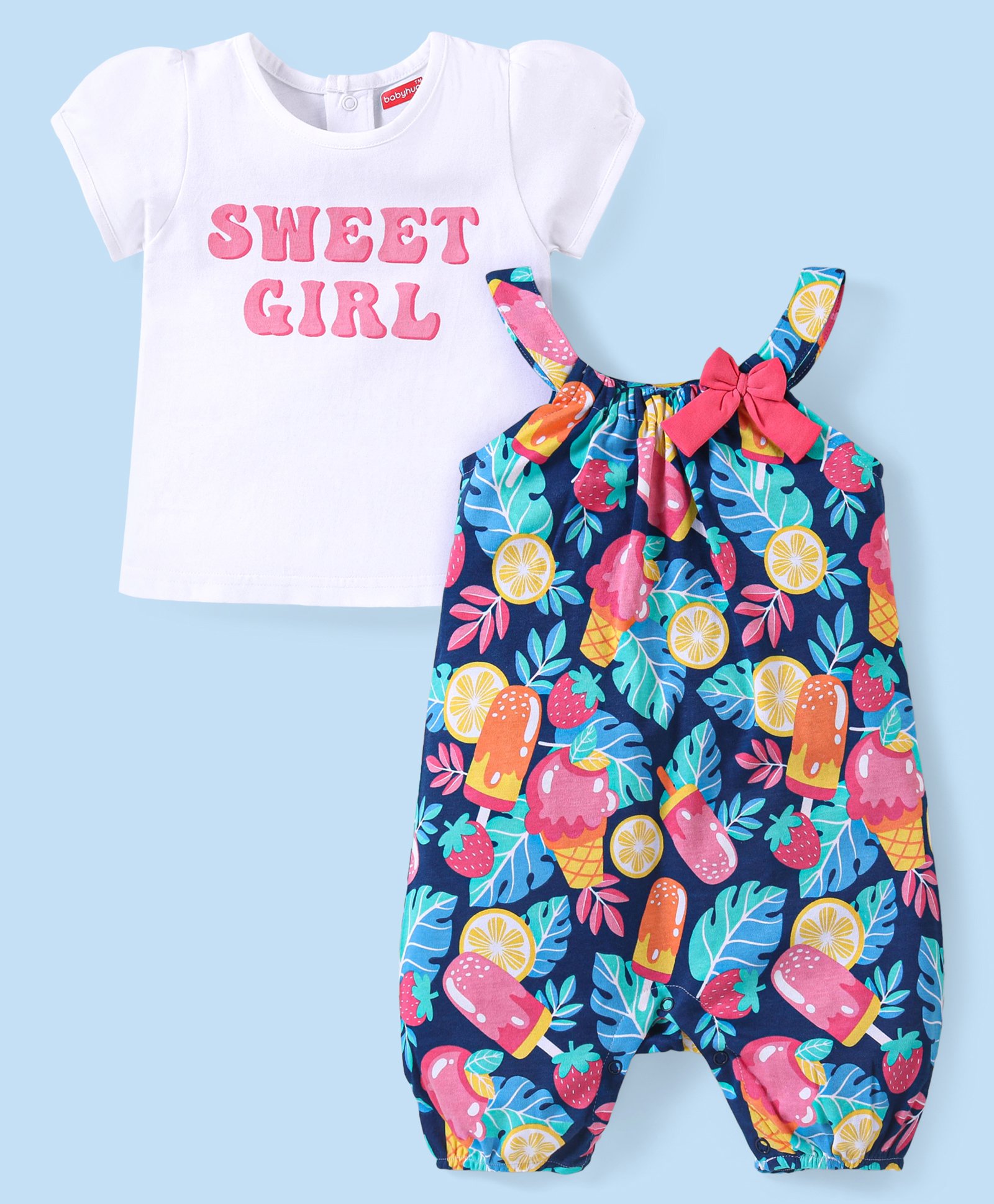Babyhug Cotton Knit Tropical Printed Dungaree with Half Sleeves Inner Tee - Multicolour-picture-27