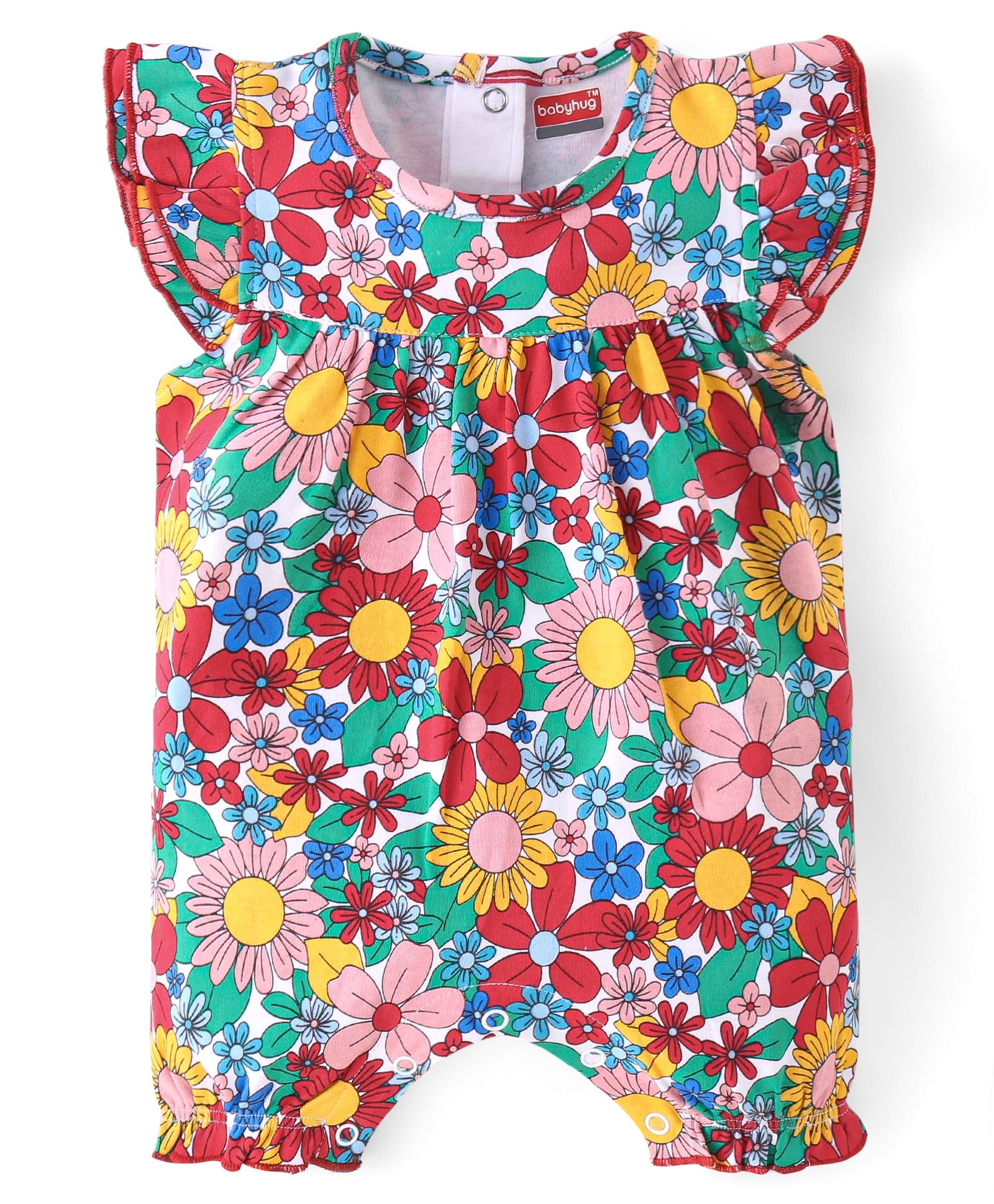Babyhug 100% Cotton Knit Frill Sleeves Floral Printed Romper - Multicolour-image-43