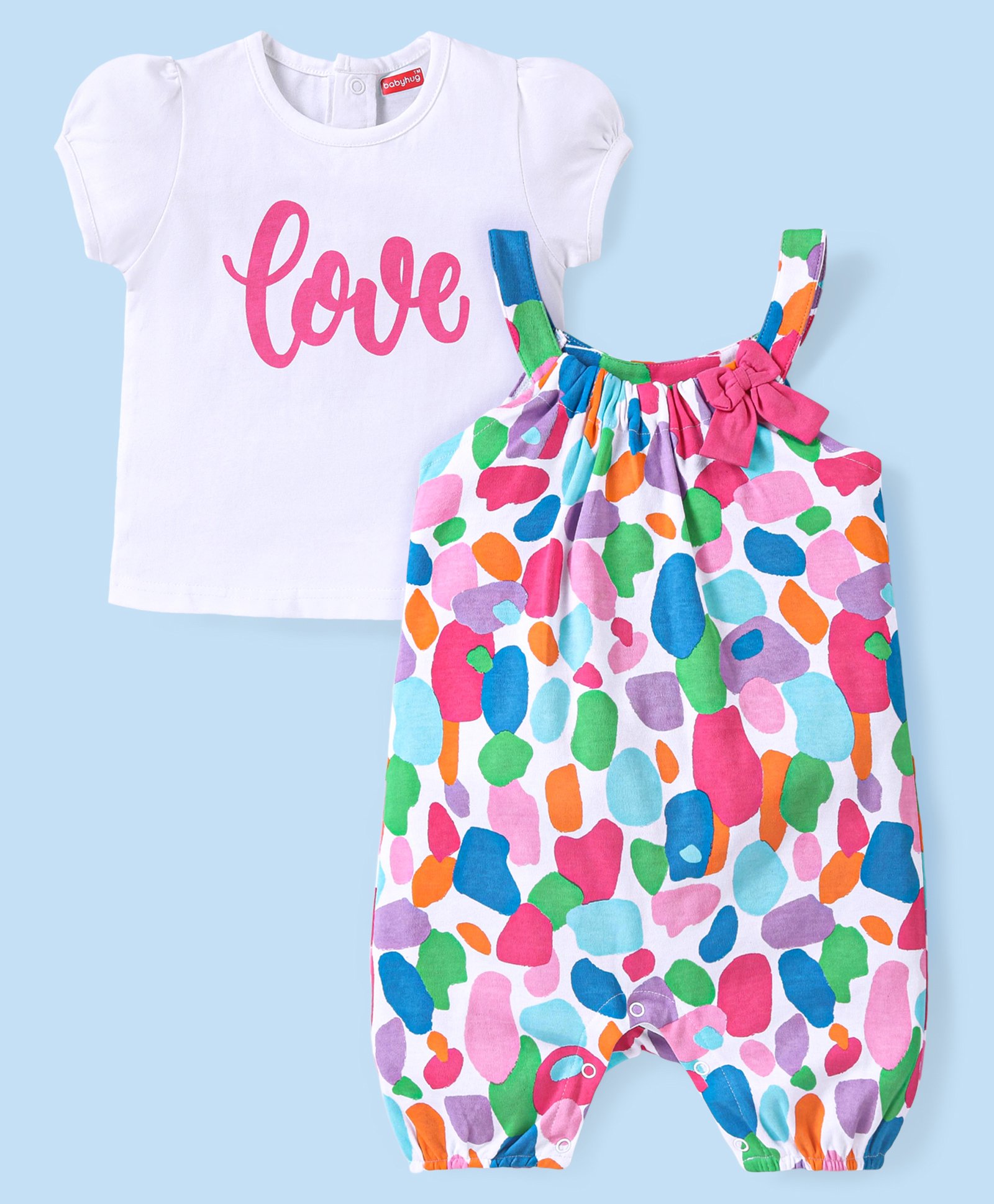Babyhug Cotton Knit Text Printed Dungaree with Half Sleeves Inner Tee - Multicolour-picture-21