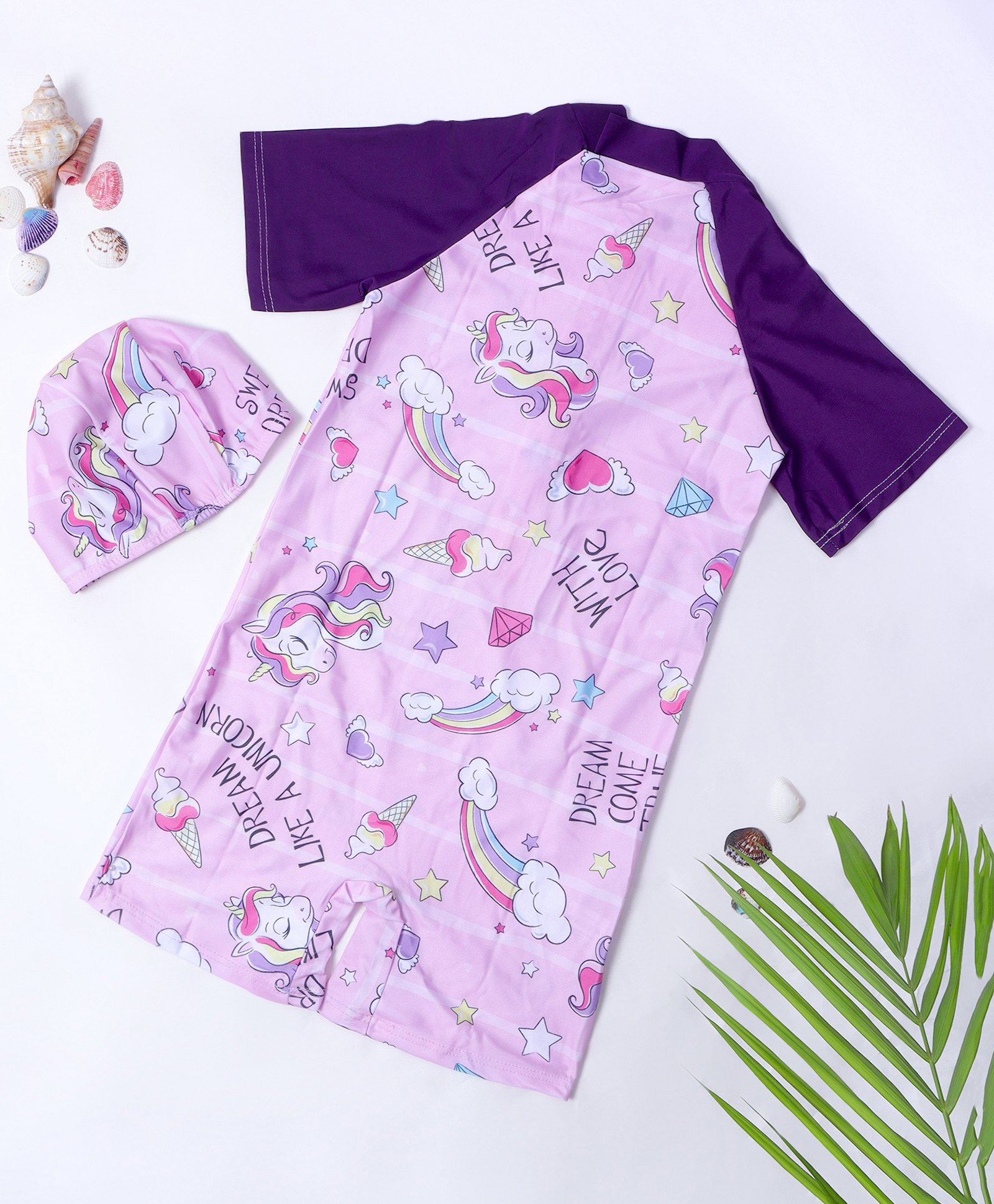Bubble Berry Half Raglan Sleeves Rainbow & Unicorn Printed Swimsuit With Coordinating Cap - Purple-image-46