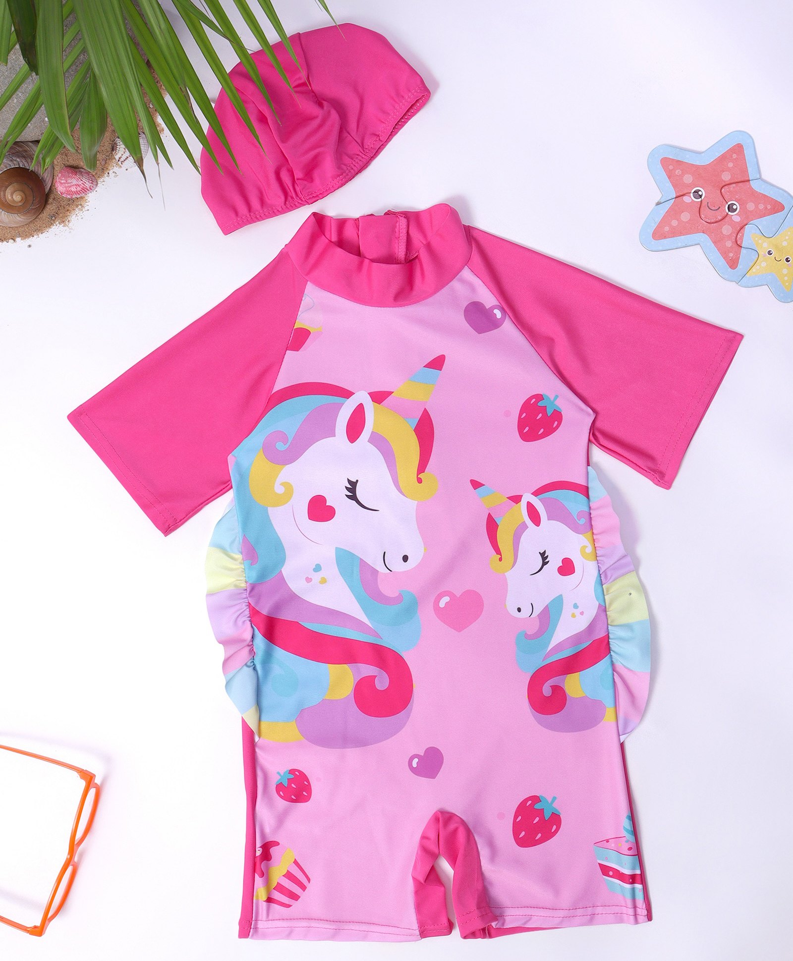 Bubble Berry Half Raglan SleevesUnicorn Printed Swimsuit With Coordinating Cap - Pink-picture-19
