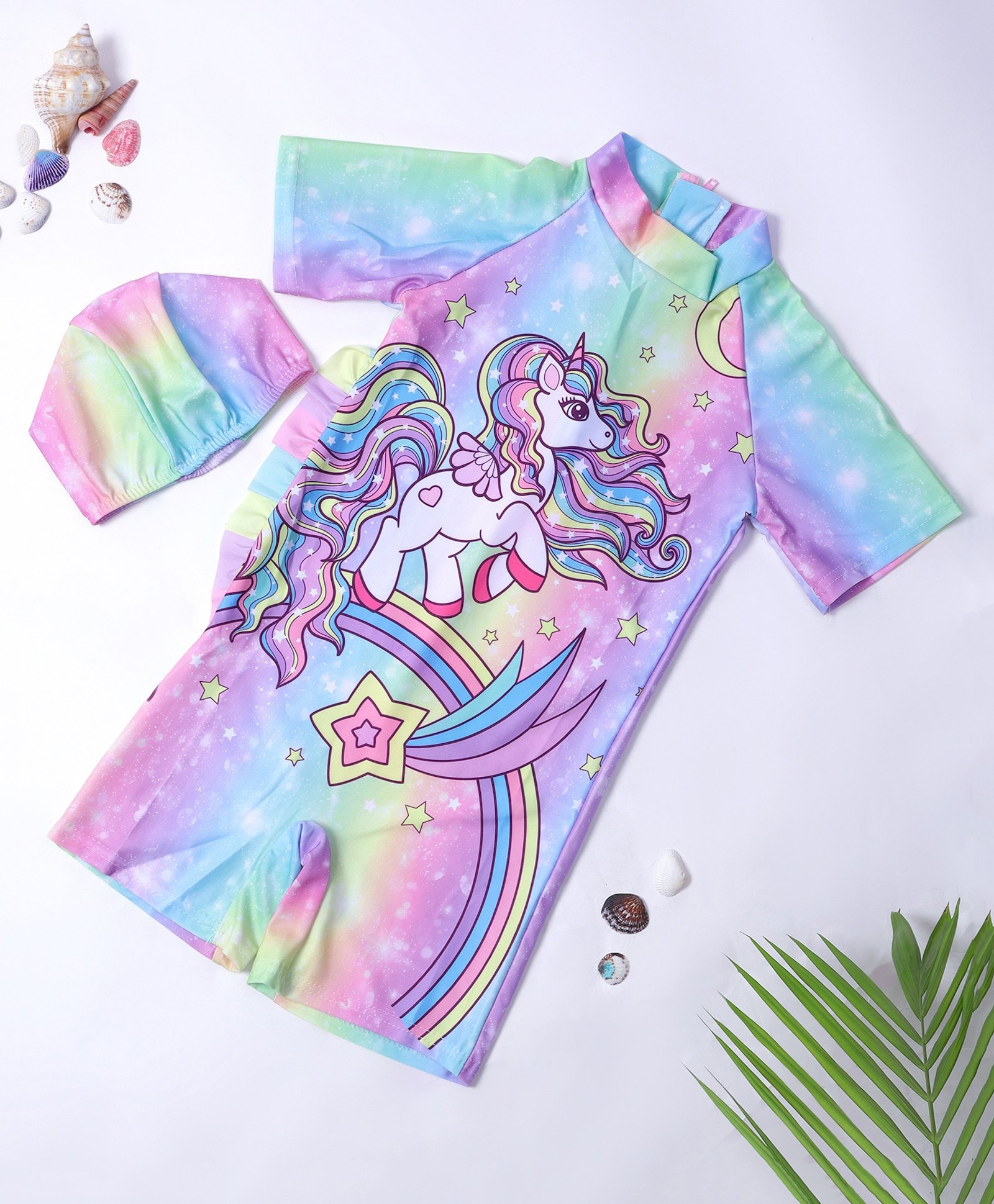 Bubble Berry Half Raglan Sleeves Unicorn Printed Swimsuit With Coordinating Cap - Multi Colour-image-33