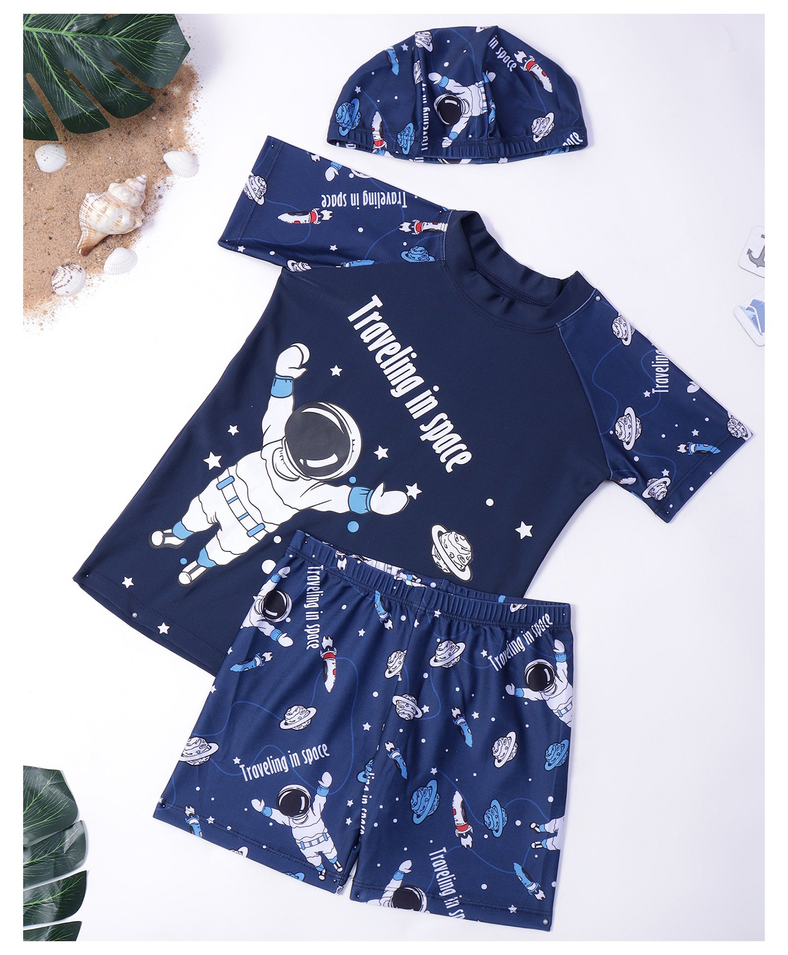 Bubble Berry Half Sleeves Space Theme Printed 3 Piece Swimsuit - Blue-image-33