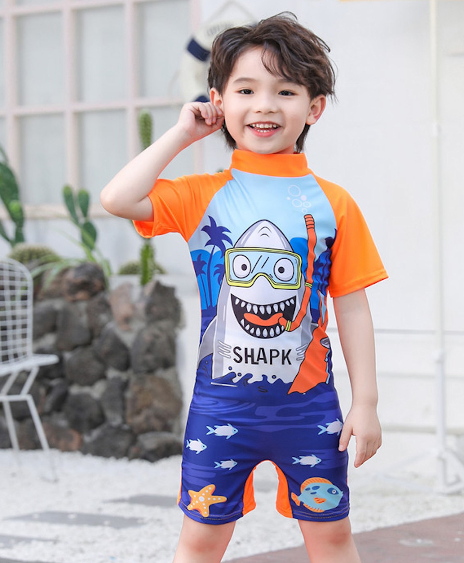 Bubble Berry Half Sleeves Shark Printed Swimsuit - Blue & Orange-picture-20