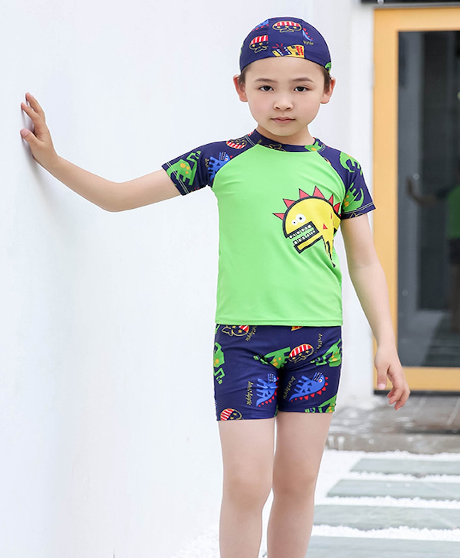 Bubble Berry Half Sleeves Dinosaur Printed Tee & Shorts With Cap - Green-image-26
