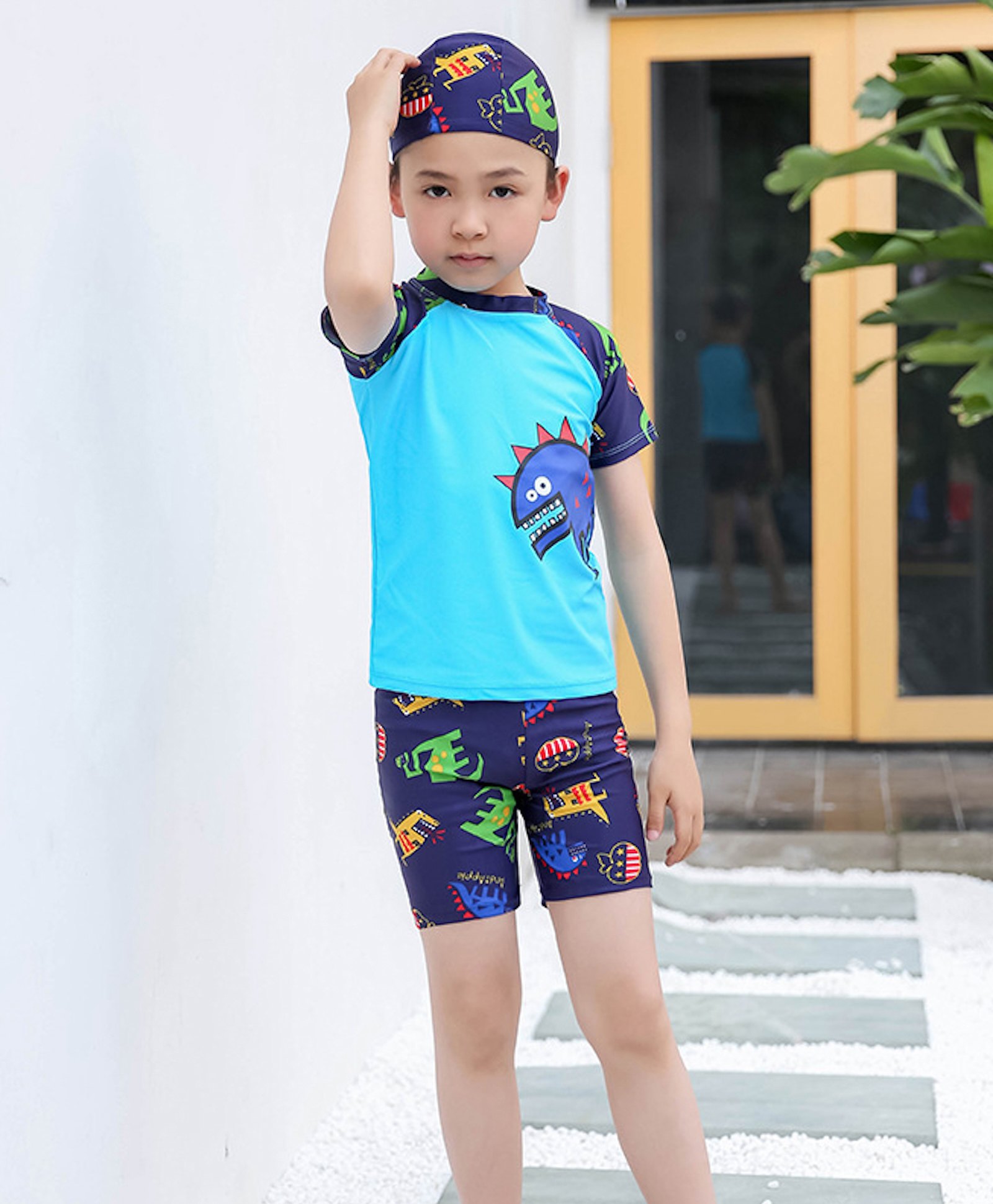Bubble Berry Half Sleeves Dinosaur Printed Tee & Shorts With Cap - Blue-image-8