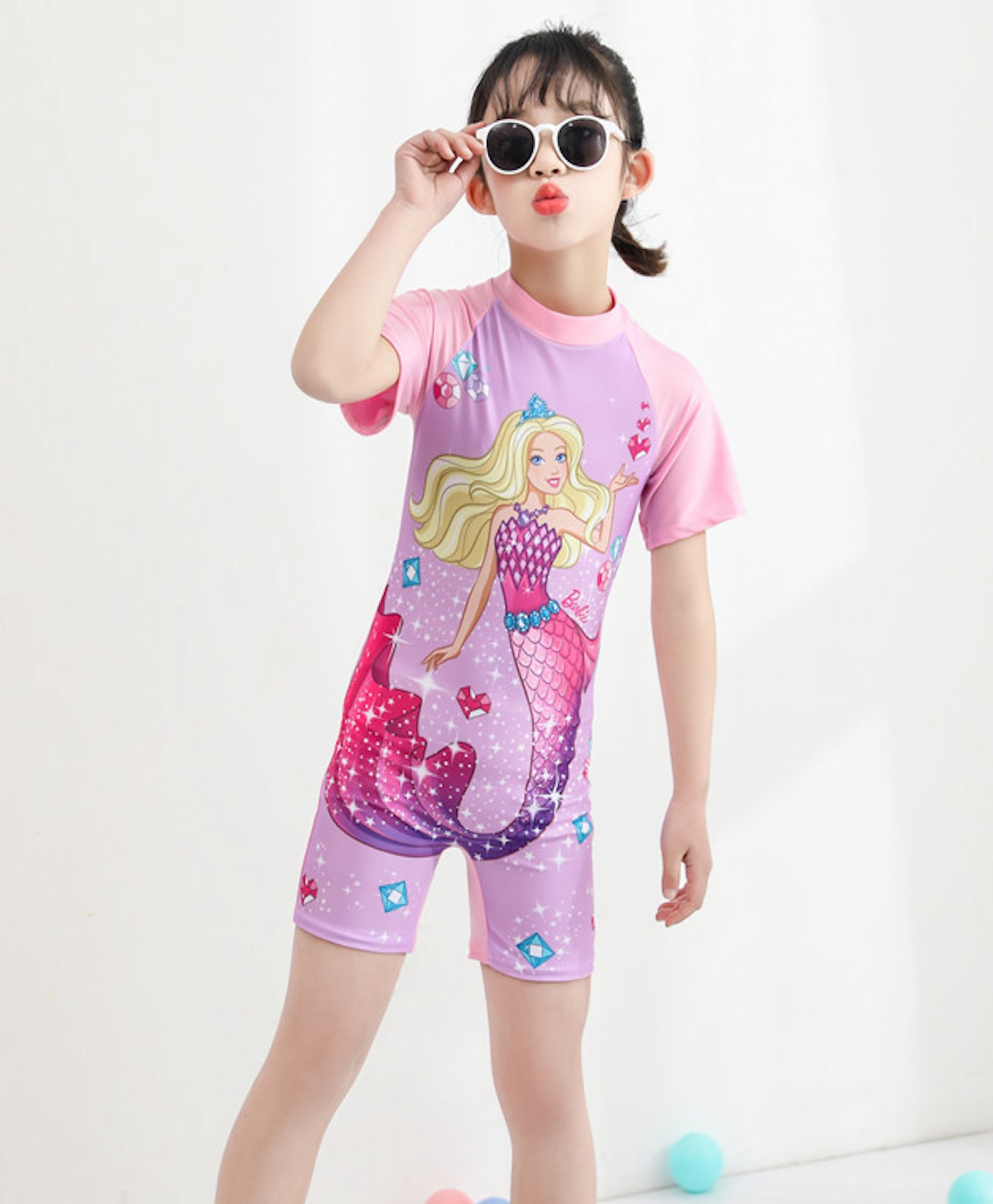 Bubble Berry Half Sleeves Mermaid Printed Swimsuit - Pink-picture-23