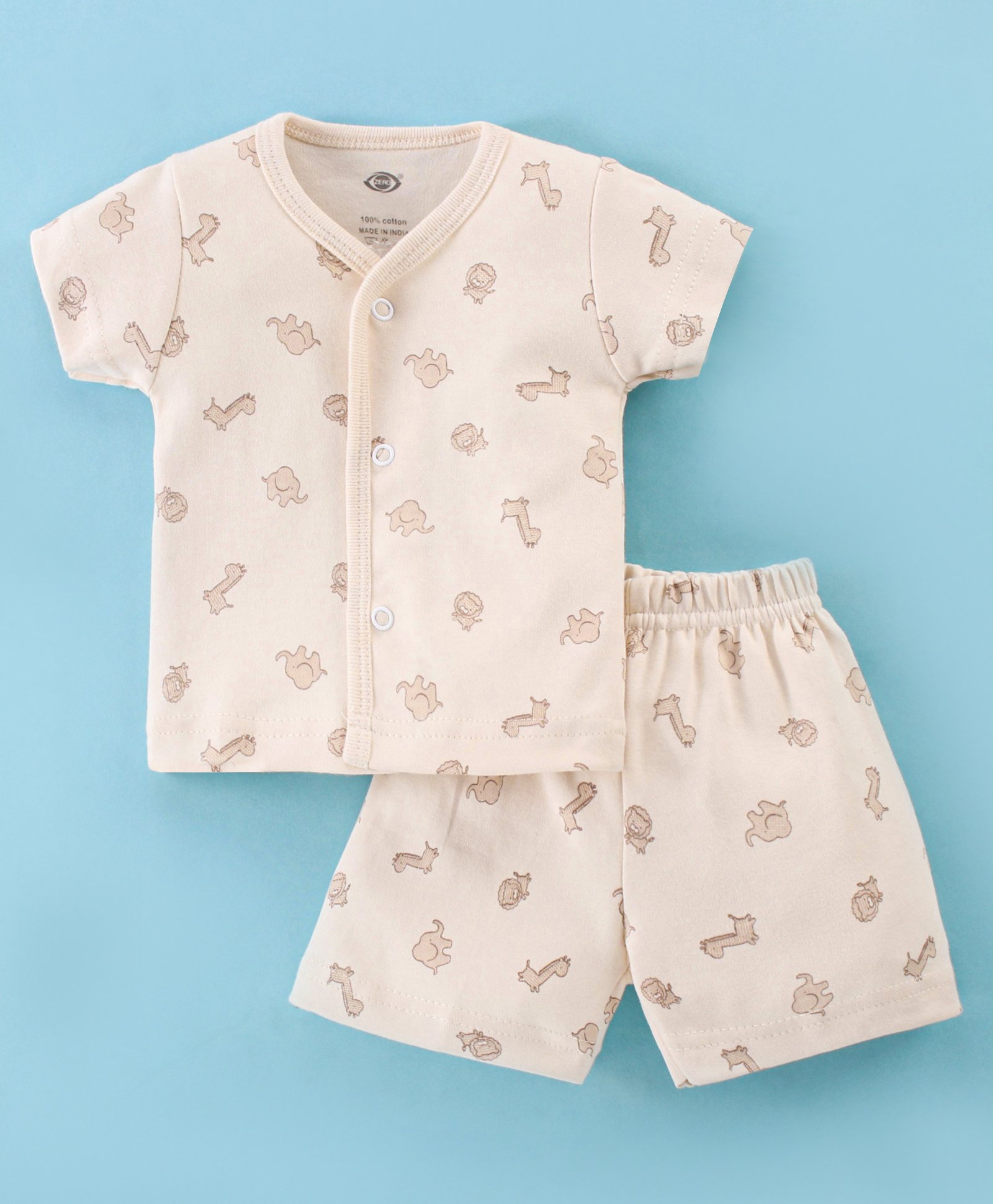 Zero Sinker Knit Half Sleeves Night Suit With Animals Print - Cream-picture-35