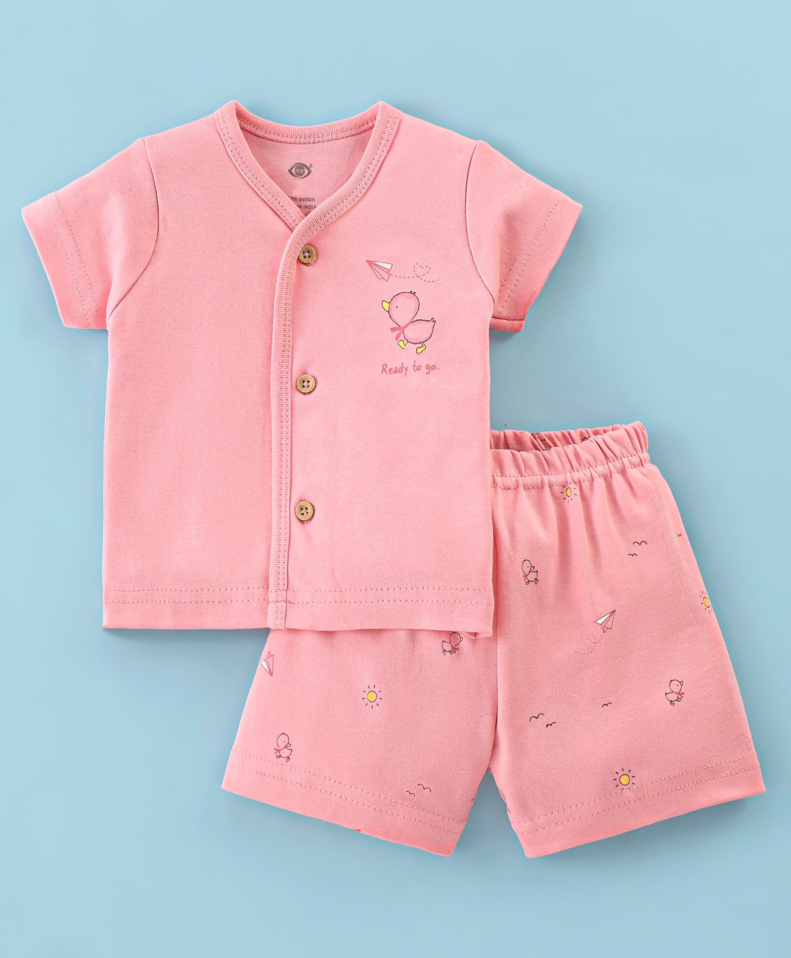 Zero Interlock Knit Half Sleeves Night Suit With Baby Duck Print - Peach-image-32