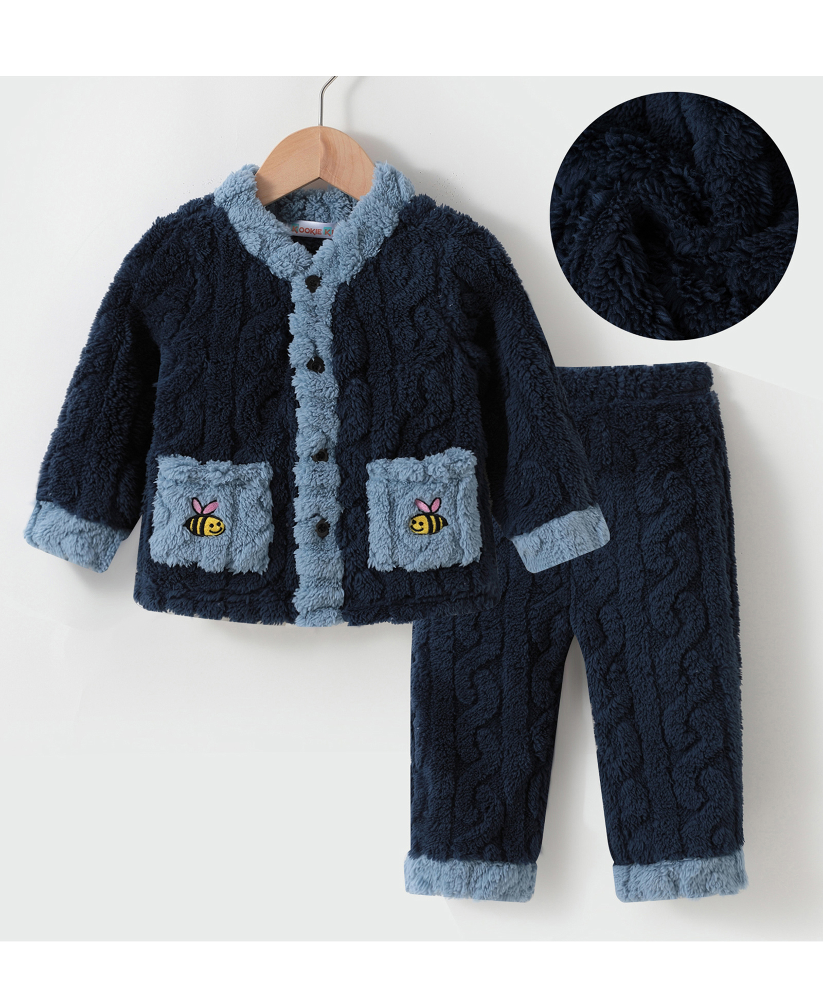 Kookie Kids Full Sleeves Winter Night Suit With Honey Bee Embroidery - Navy-image-26