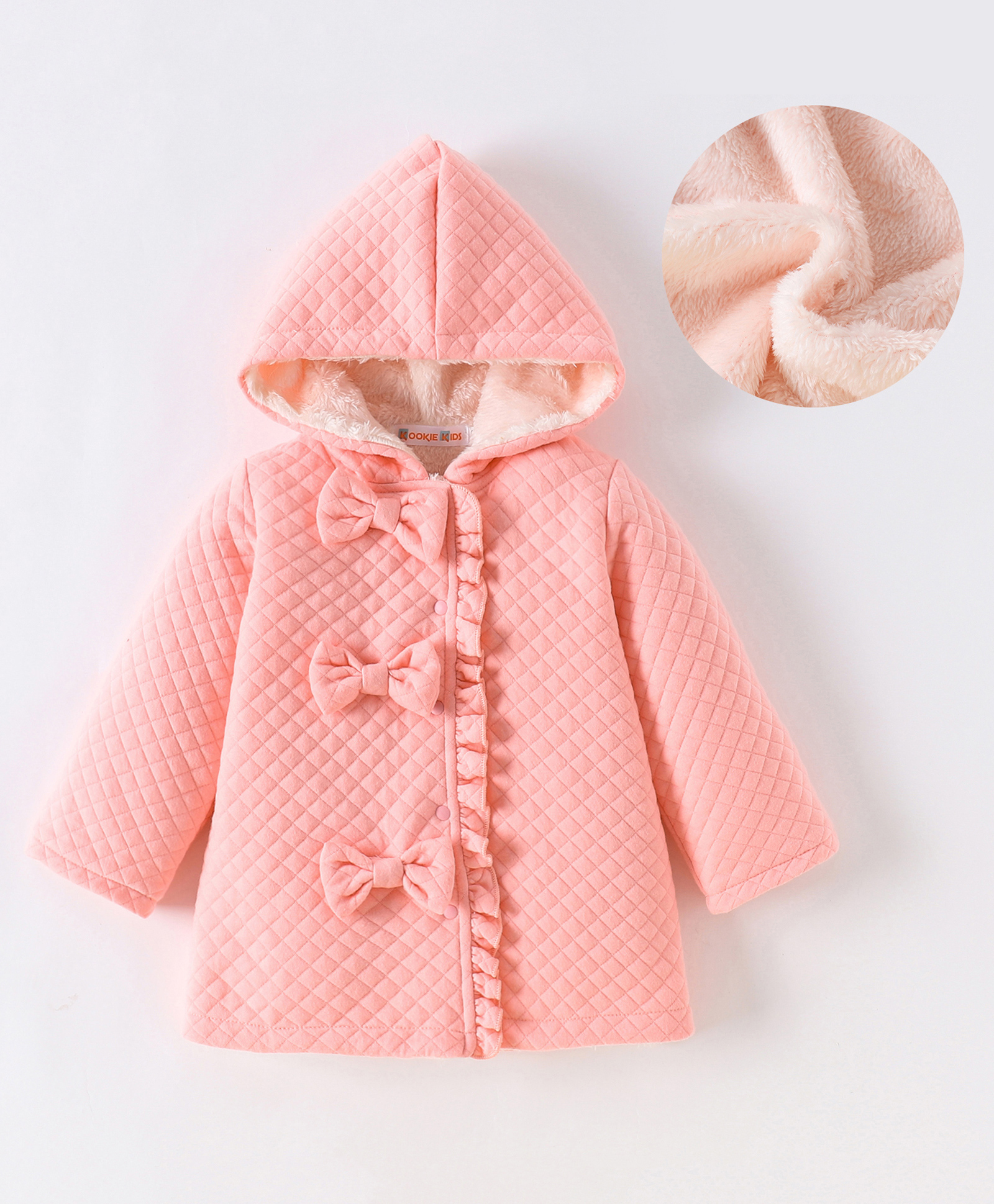 Kookie Kids Full Sleeves Solid Colour Hooded Quilted Jacket With Bow Applique - Pink-image-44