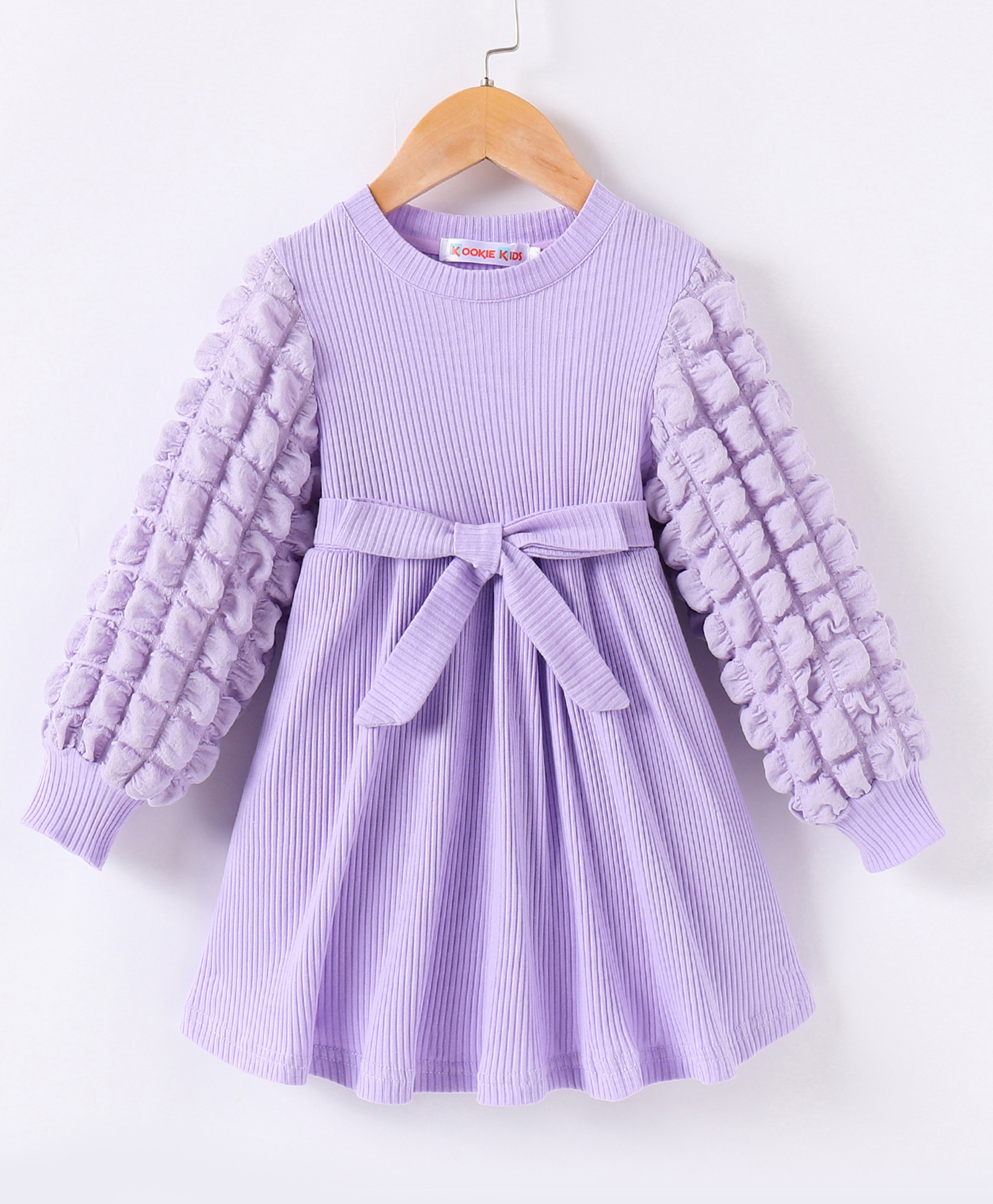 Kookie Kids Solid Party Dress with Bishop Sleeves & Bow Applique - Lavender-image-11