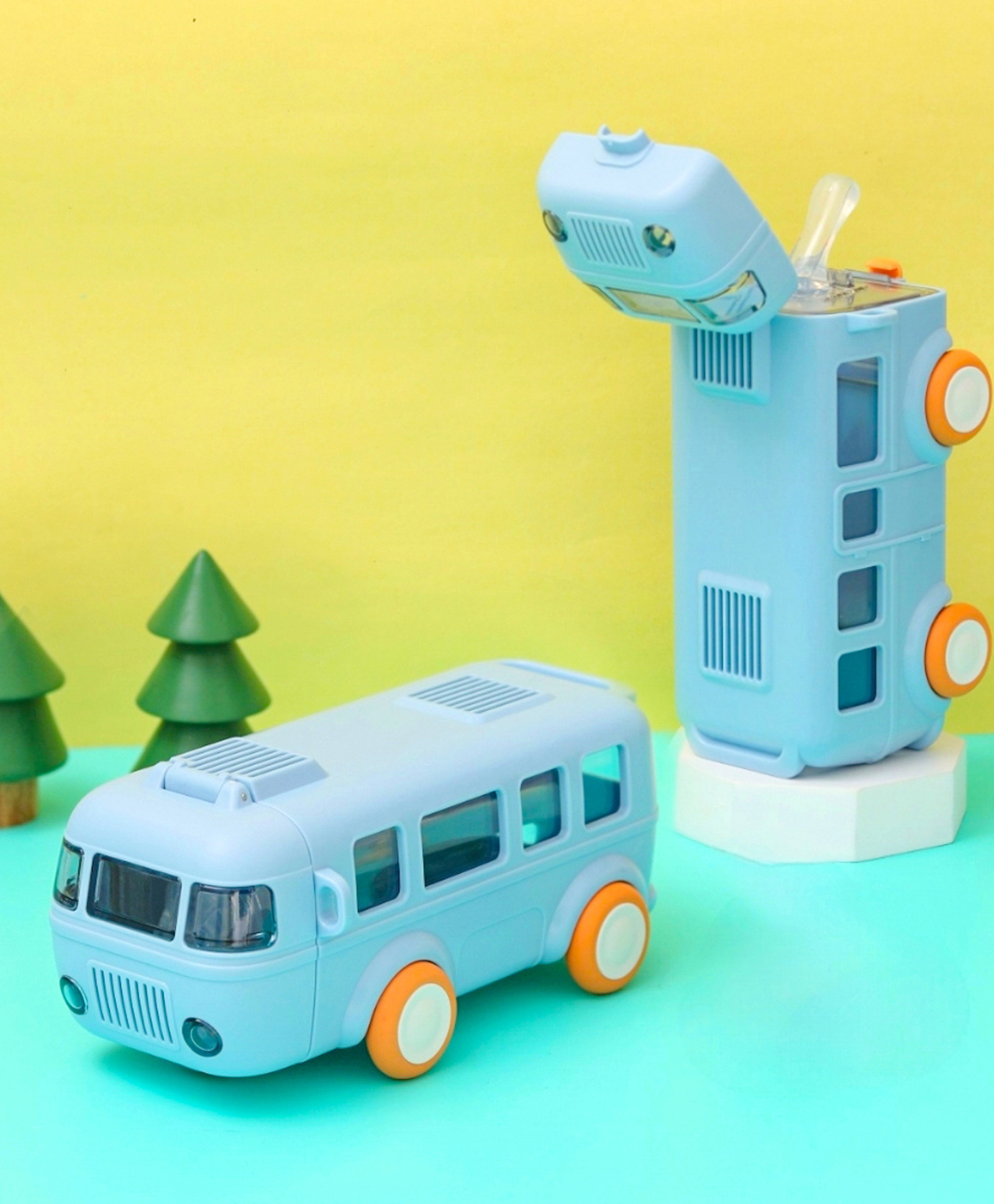 New Pinch Cute Bus shape Leak-Proof Water Bottle, Small Car Straw Water Cup for Children, Straw Cup with Strap and Removable Bottle Caps- PACK OF 1- COLOR MAY VARY 500 ml-image-1