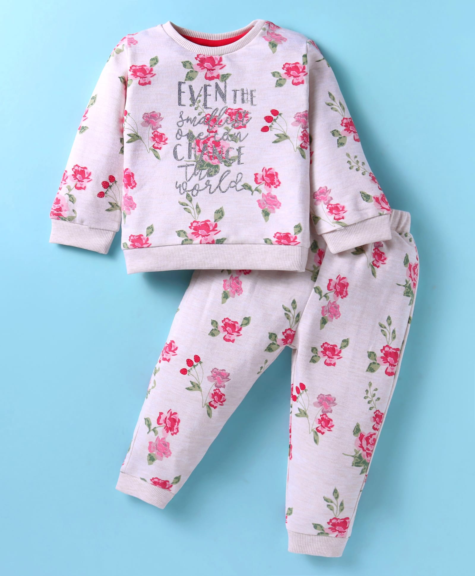 ToffyHouse CottonKnit Full Sleeves Floral Printed T-Shirt & Joggers Set - Pink & Lavender-picture-47