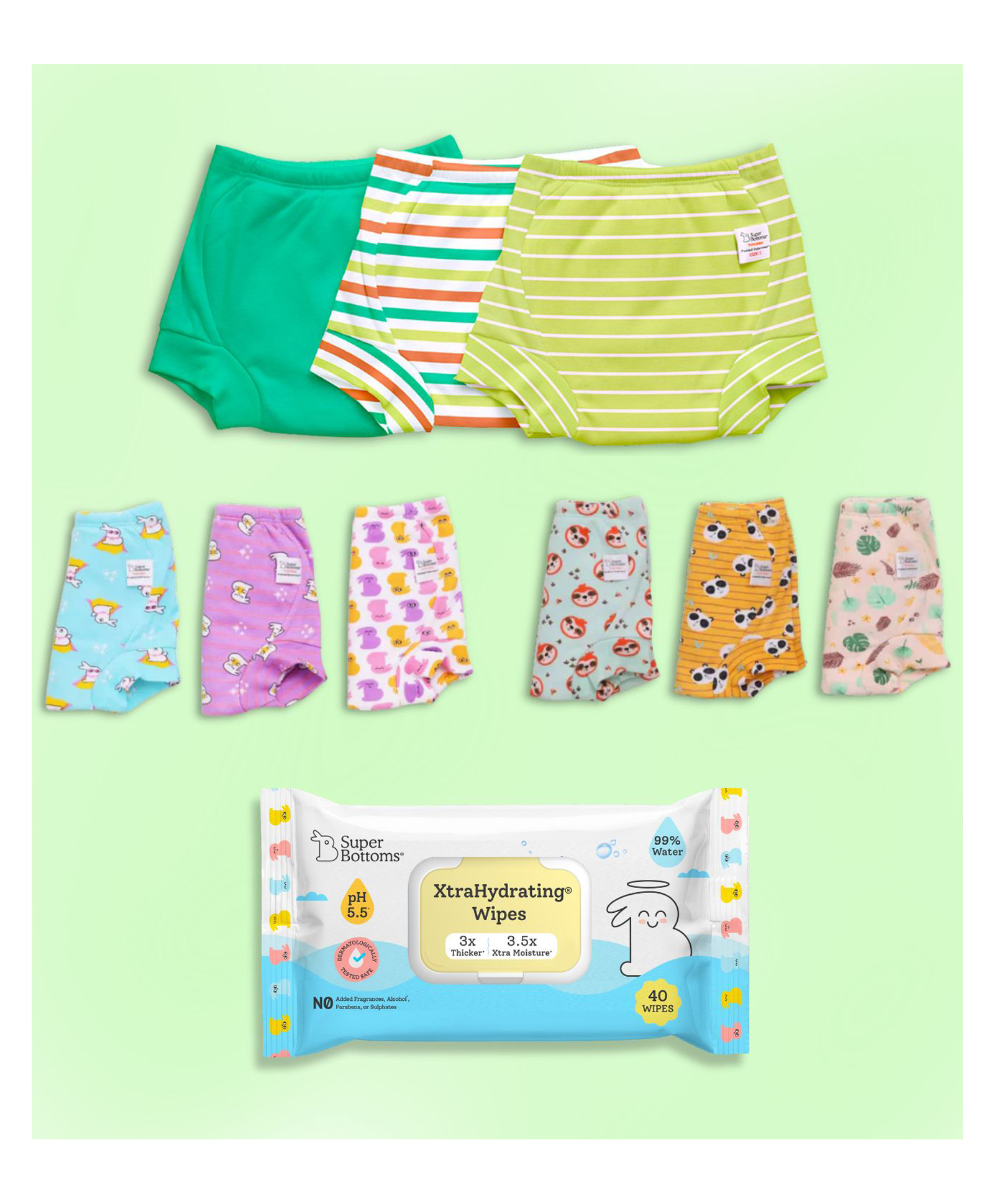 SuperBottoms Padded Underwear + Xtrahydrating Wipes, 3X Thicker Premium Wet Wipes with 98% Pure Water & 3-Layers Of Padding & Super dry feel Layer - 40 Wipes & 9 Underwears-picture-3