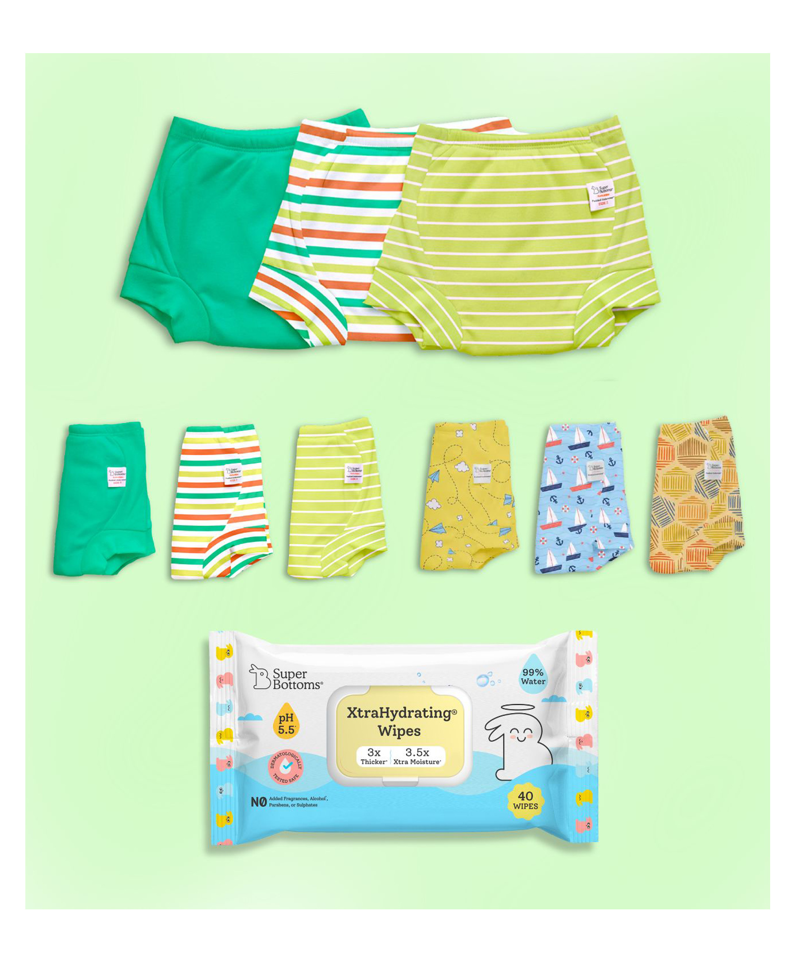 SuperBottoms Padded Underwear for 1-2Y Babies | Potty Training Pants | Assorted 1 | Pack of 9 + Xtrahydrating Wipes-40 Pack-picture-37