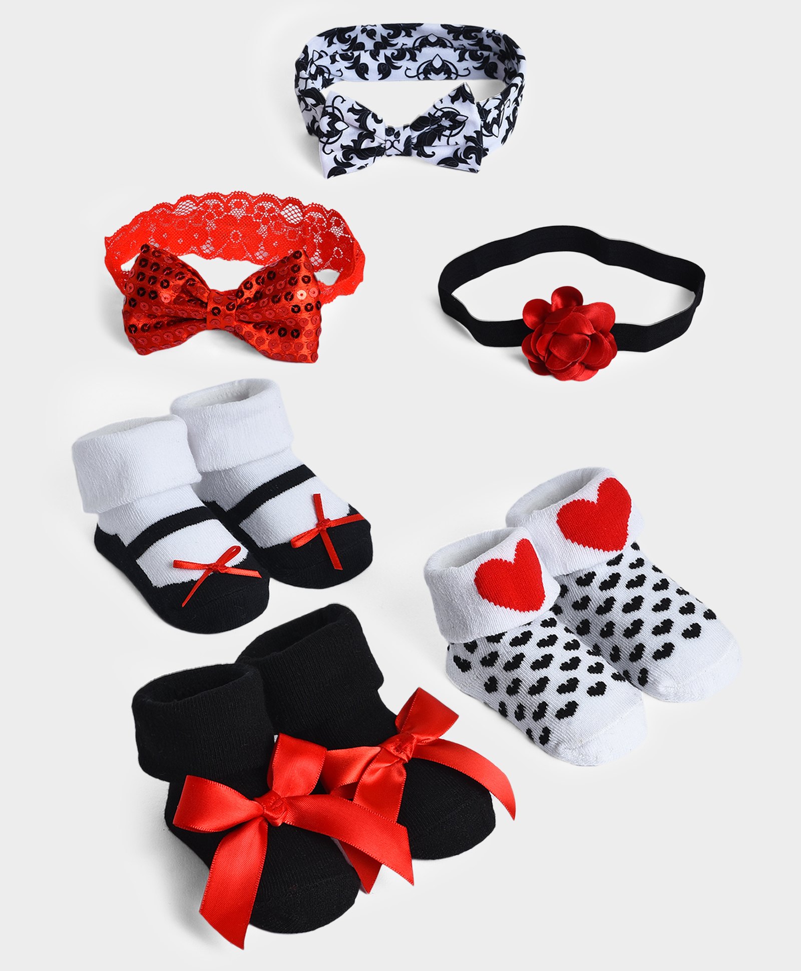 Mi Arcus Pack of 6 Bow Detailed Socks & Headband Set - White  Red & Black-image-20