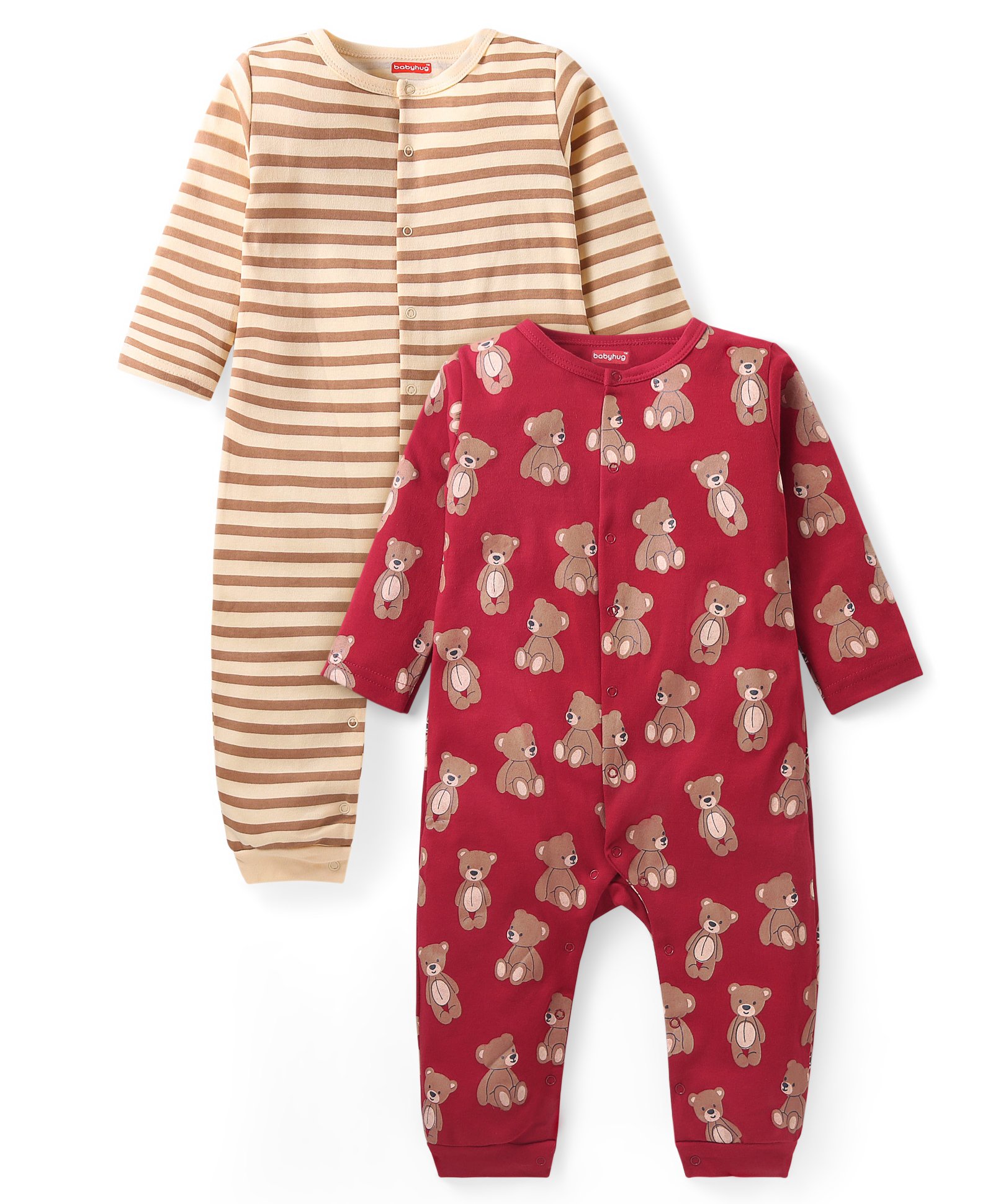 Babyhug 100% Cotton Knit Full Sleeves Bear Printed Romper Pack of 2 - Multicolour-image-7