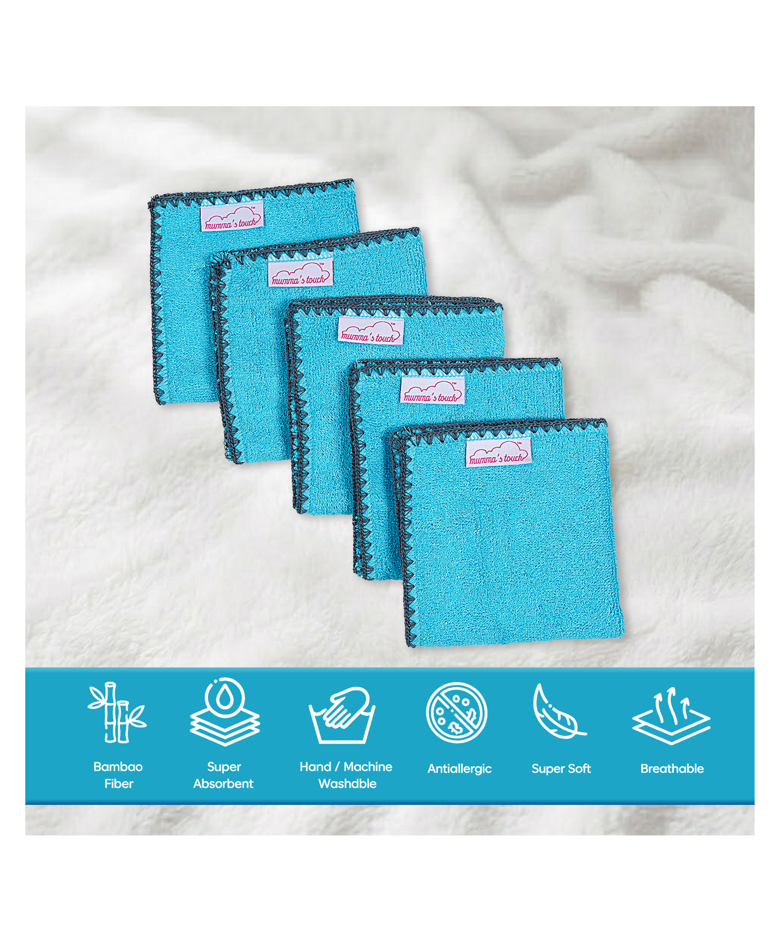 Mumma's Touch Organic Bamboo Baby Wash Cloth - Aqua - Pack of 5-image-45