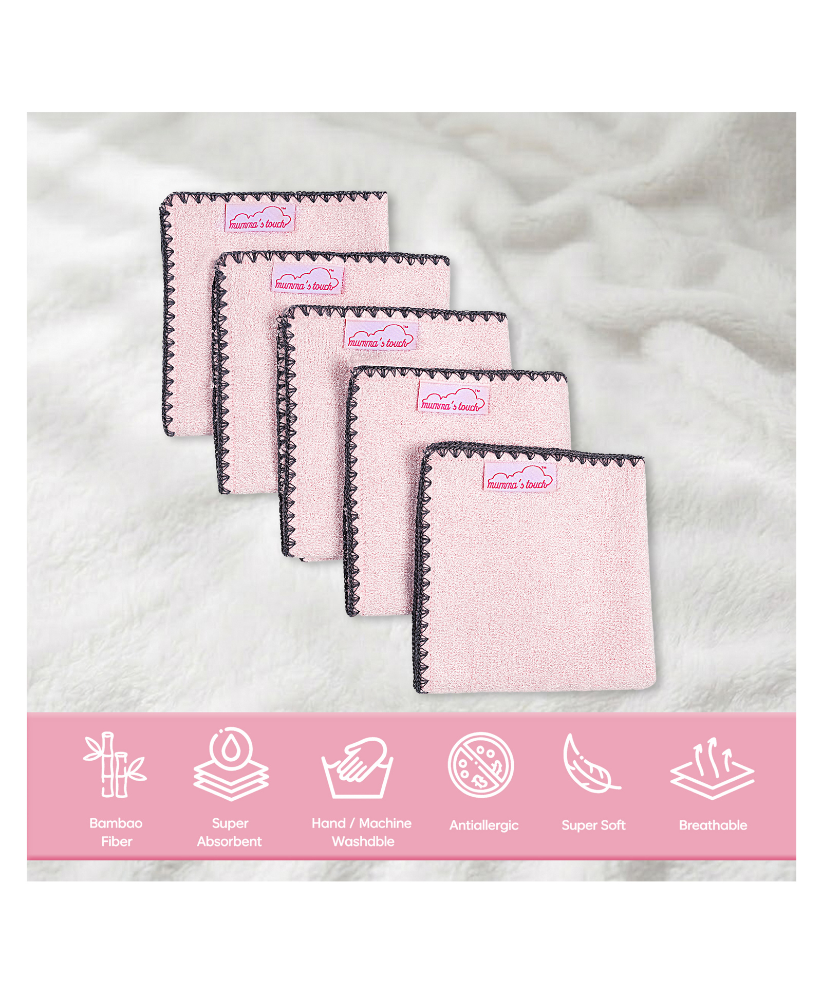 Mumma's Touch Organic Bamboo Baby Wash Cloth - Pink - Pack of 5-image-12