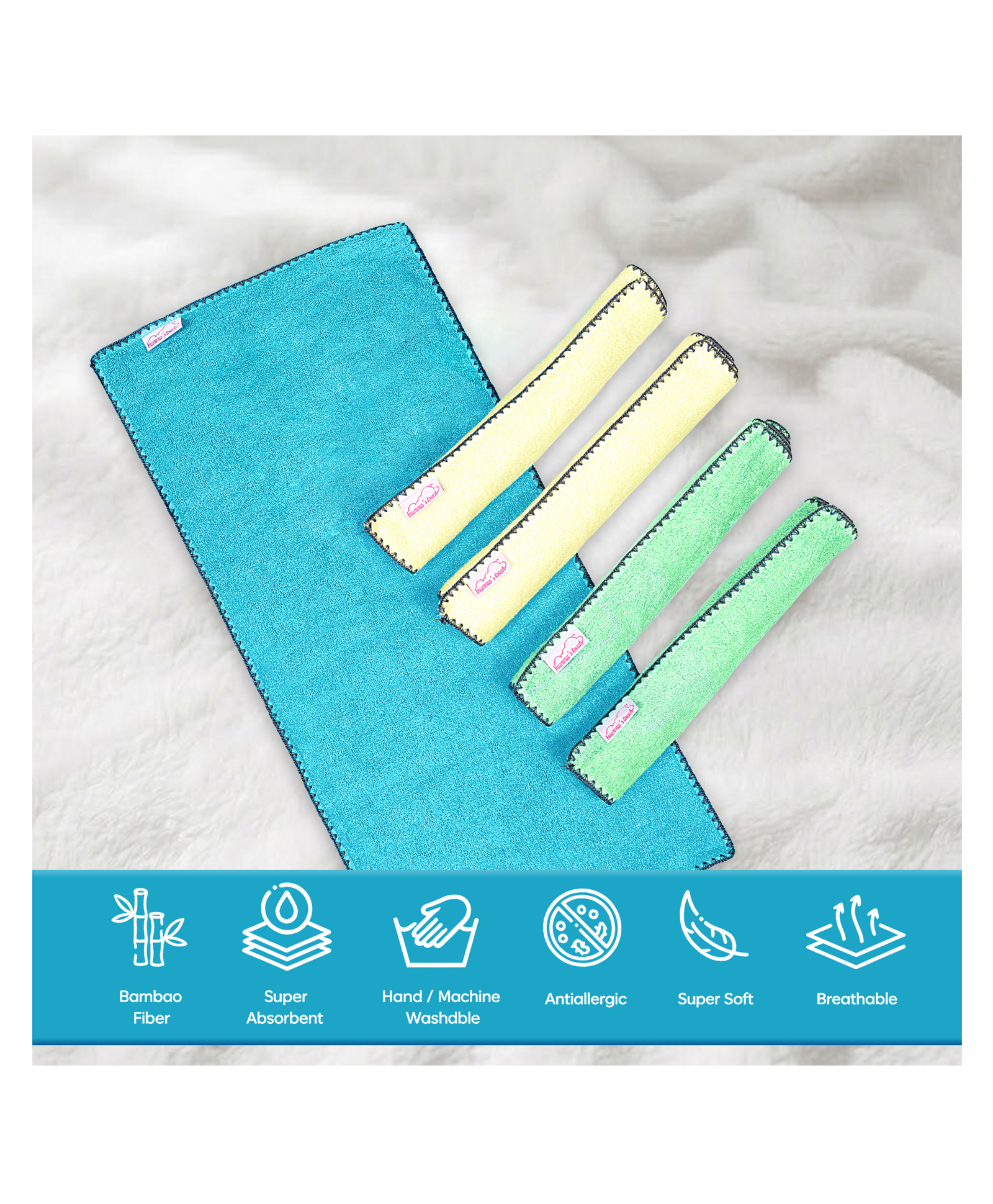 Mumma's Touch Organic Bamboo Baby Burp Cloth - Assorted (Aqua, Yellow, Green) - Pack of 5-picture-32