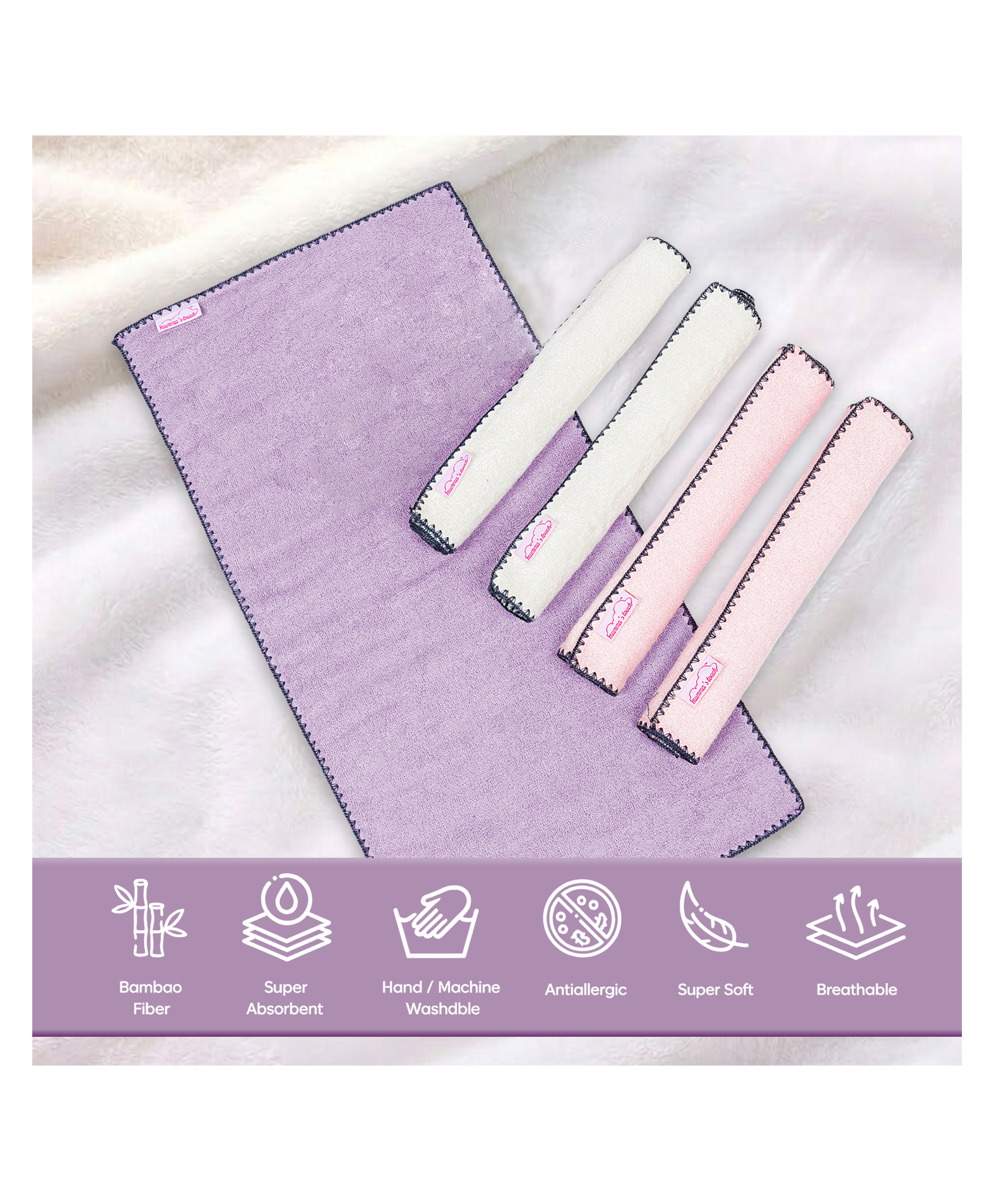 Mumma's Touch Organic Bamboo Baby Burp Cloth - Assorted (Magenta, White, Pink) - Pack of 5-image-21