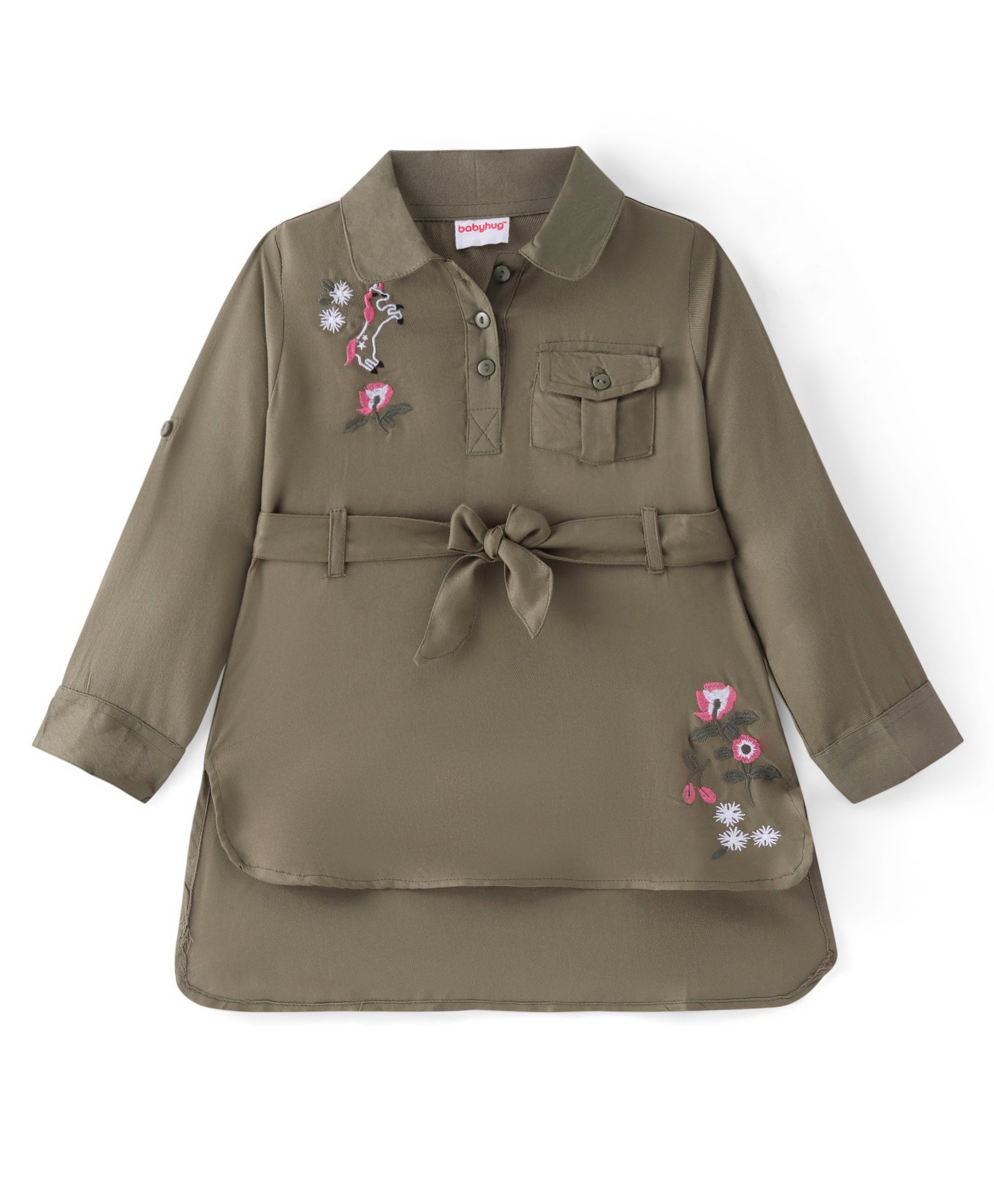 Babyhug Rayon Woven Full Sleeves Shirt Dress with Floral Embroidery & Belt - Olive Green-picture-26