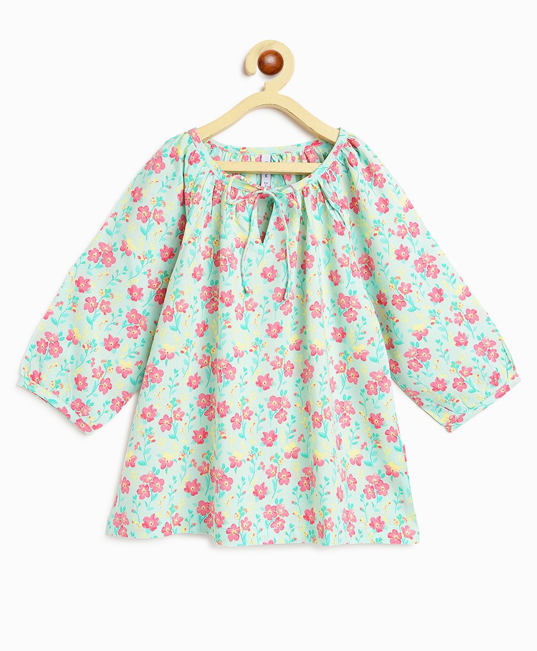 Campana Three Fourth Sleeves Floral Printed Top With Tie Up - Sea Green & Pink-image-21