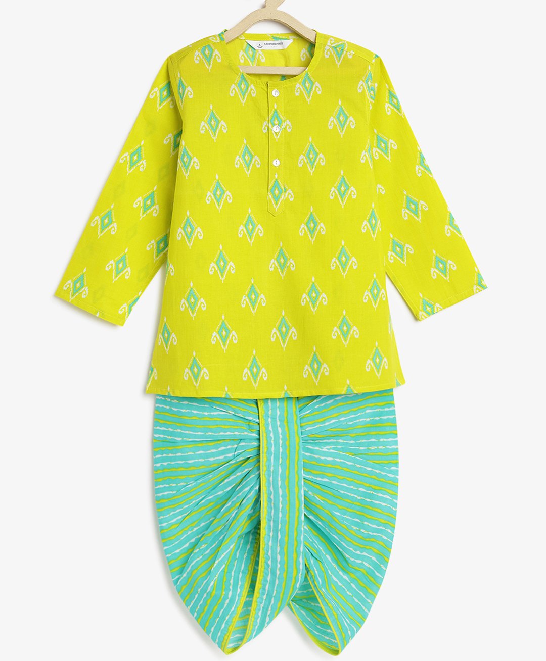 Campana 100% Cotton Diamond Printed Kurta & Dhoti Set - Lime Green & Blue-picture-15
