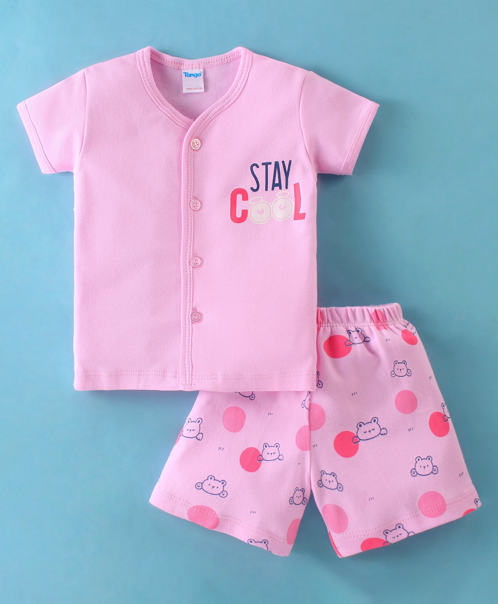 Tango Interlock Knit Half Sleeves Night Suit Bear & Text Print - Pink-image-26