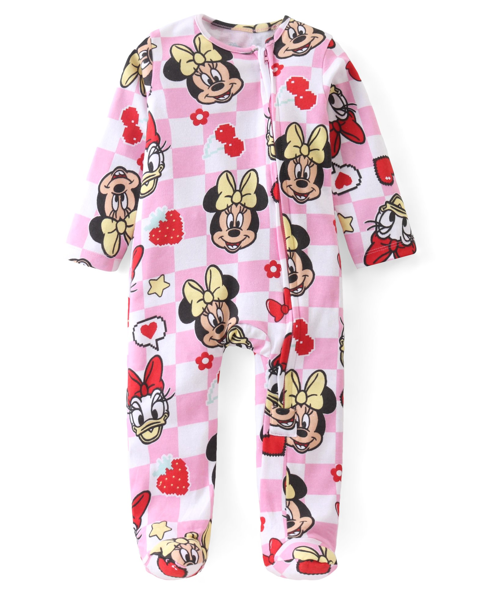 Babyhug Disney Single Jersey Knit Full Sleeves Checkered Footed Sleep Suit with Minnie Mouse Print - Pink-picture-24