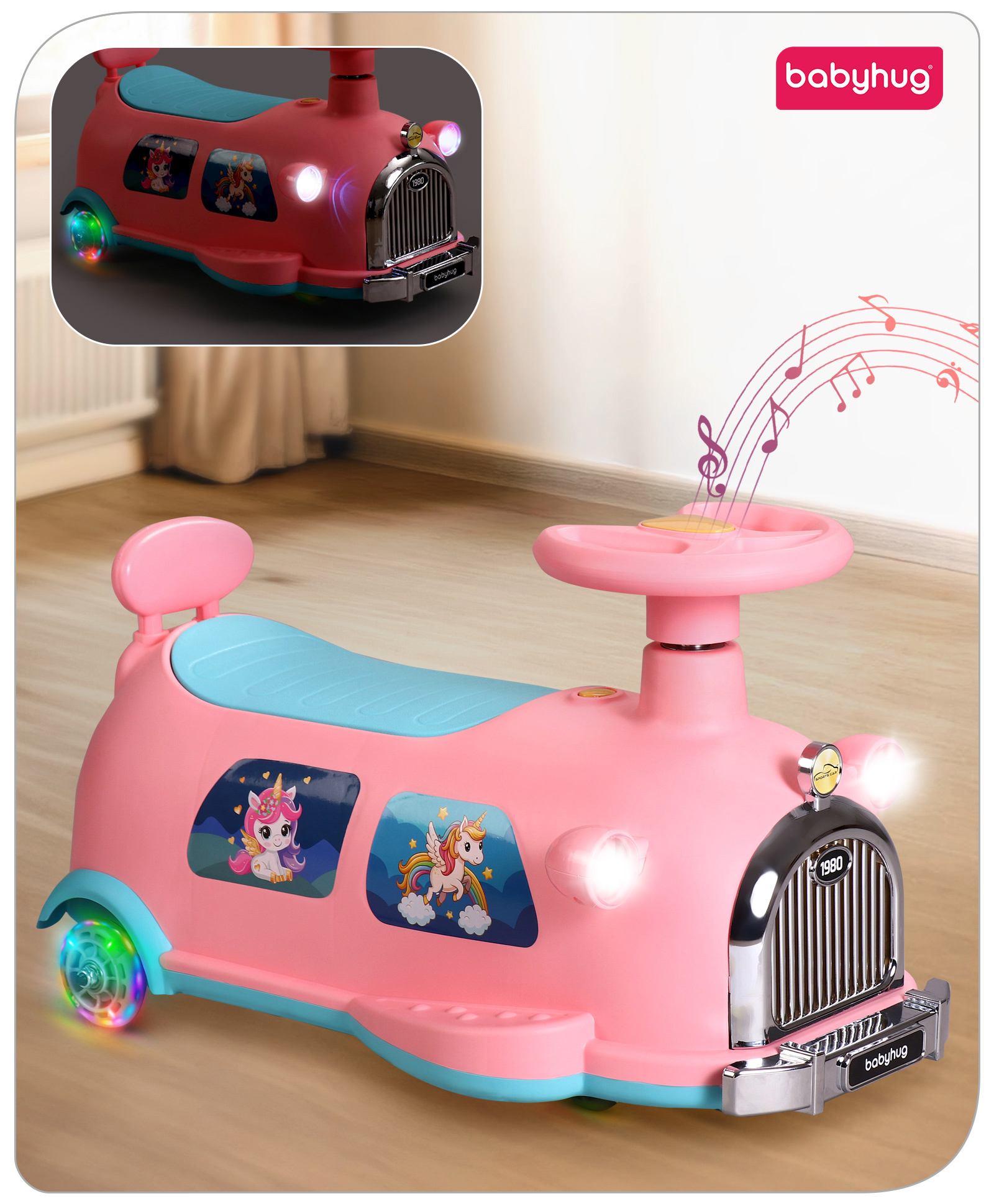 Babyhug Musical Swing Car with LED Wheel - Pink