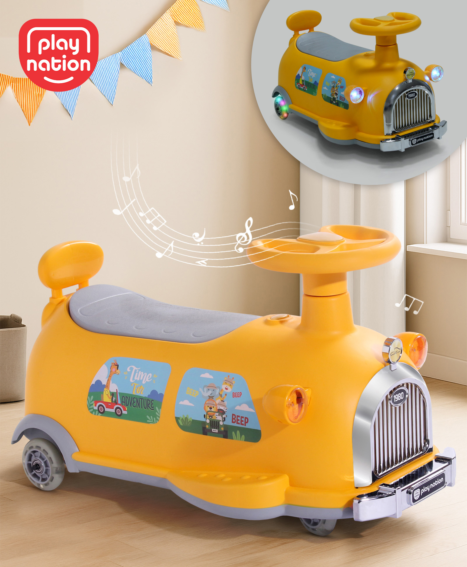 Play Nation Little Explorer Space Theme Kids Retro Swing Car| LED Lights and Music |Baby Magic Car|Toy Car | Push Car | Ride On Car |ABEC 7 Bearing|Weight Capacity Upto 50 Kg | Yellow