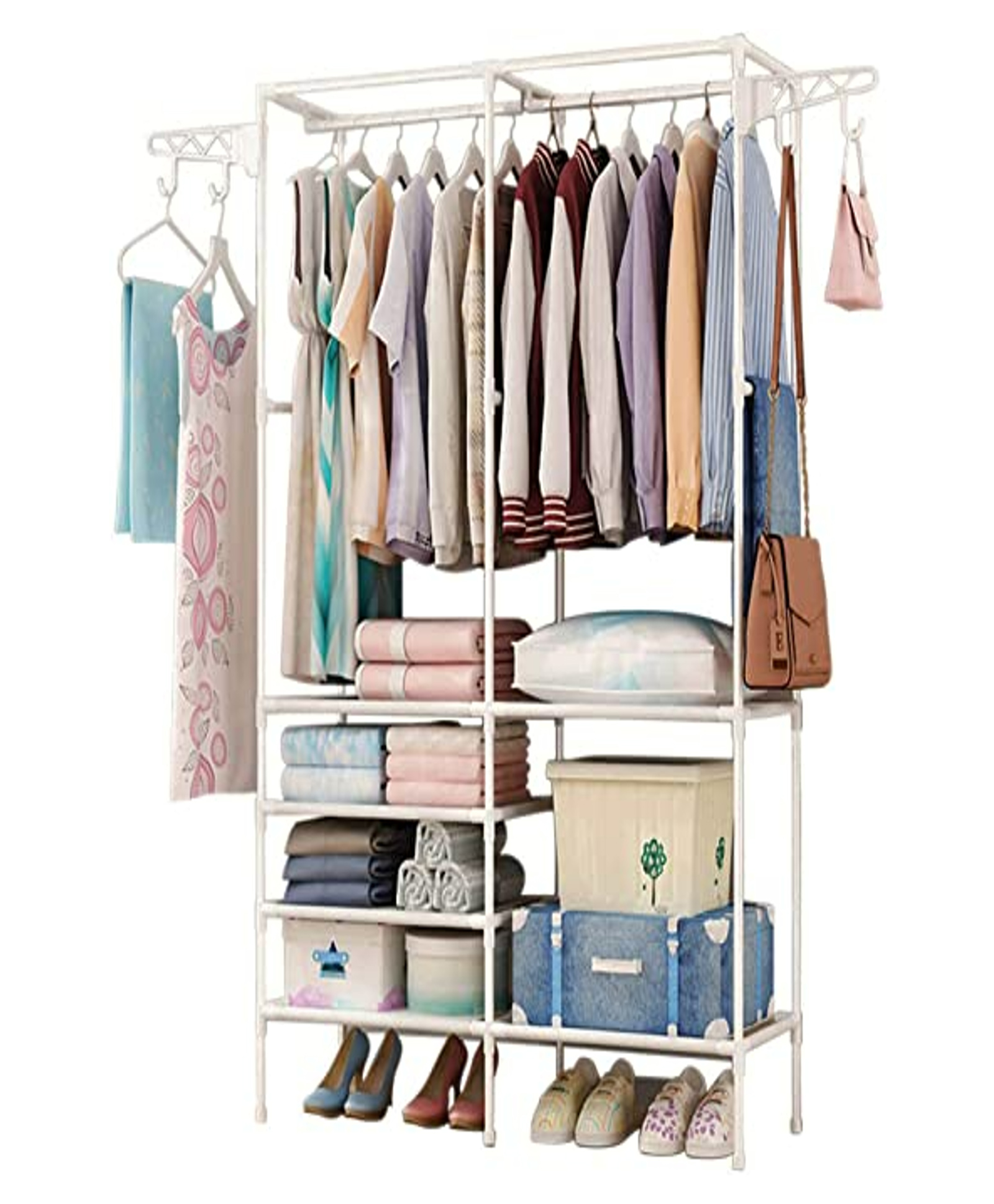 House of Quirk Clothes Rack Heavy Duty Clothes Rail Garment Rack Hanging Rack standing Wardrobe With 4 Hangers And 4-Tier Lower Storage Shelf For Dressing Room Or Bedroom - White-image-41