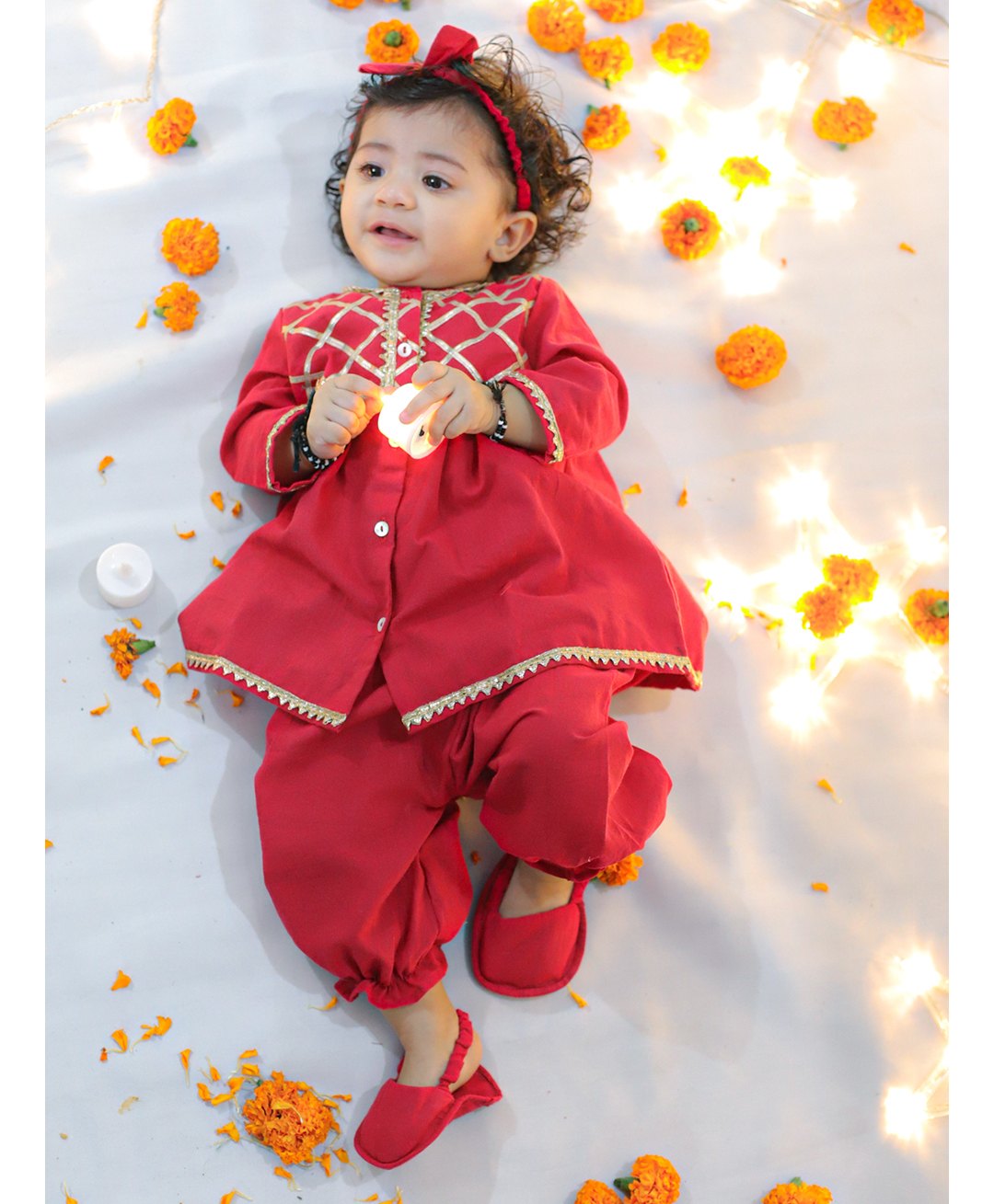 BownBee Full Sleeves Gota Lace Embellished Coordinating Top Harem Pant With Headband & Booties - Red-image-41