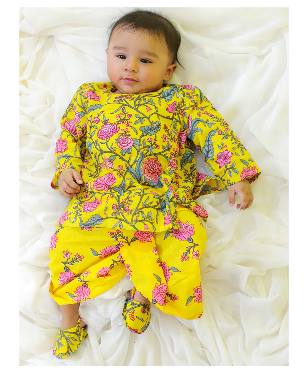 BownBee Full Sleeves Floral Printed Coordinating Kurta Dhoti & Booties Set - Yellow-picture-16