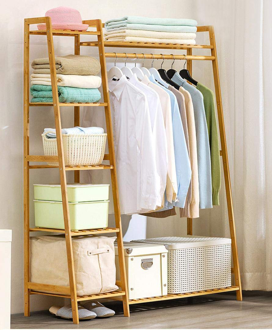 House of Quirk Bamboo Wood Garment Clothing Rack with 5 Tiers Storage Shelf Corner Hanging Rack  - Light Brown 130CM DIY RACK-picture-26