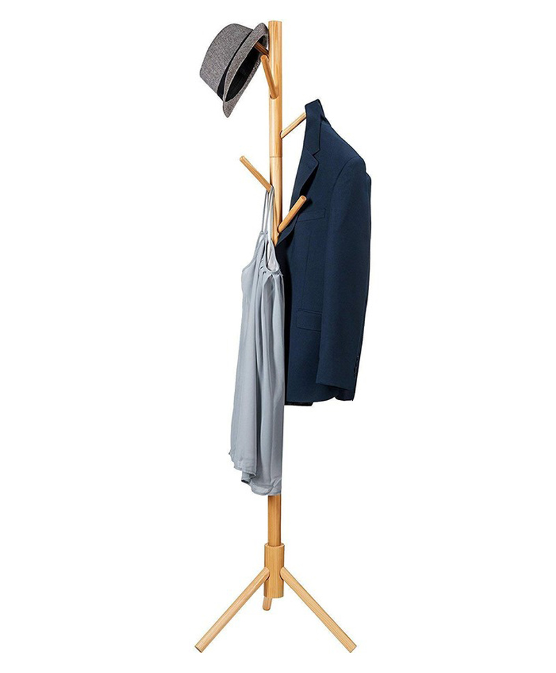 House of Quirk Bamboo Coat and Hat Rack 8 Hooks Coat Stand Clothes Rack Solid Feet for Clothes Scarves and Hats  - Design 3 Light Brown-picture-15