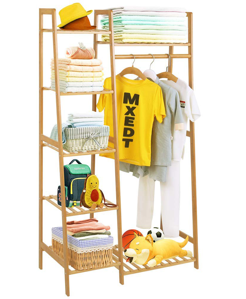 House of Quirk Bamboo Wood Ladder Design Garment Rack Clothing Rack with 5 Tiers  - 80cm Width Brown-picture-31