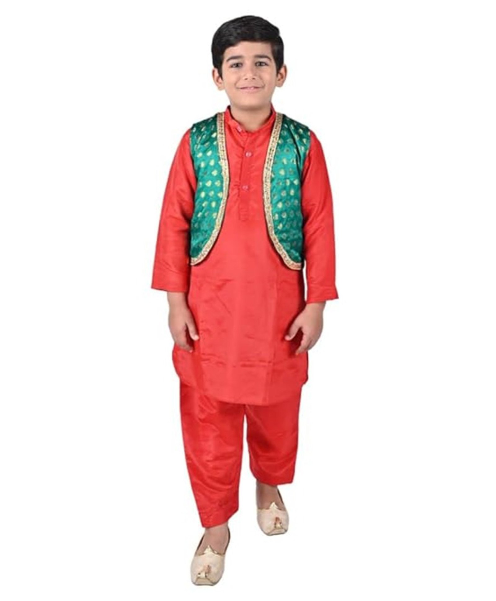 Itsmycostume Satin Kashmiri Dress Theme Costume Set - Red & Green