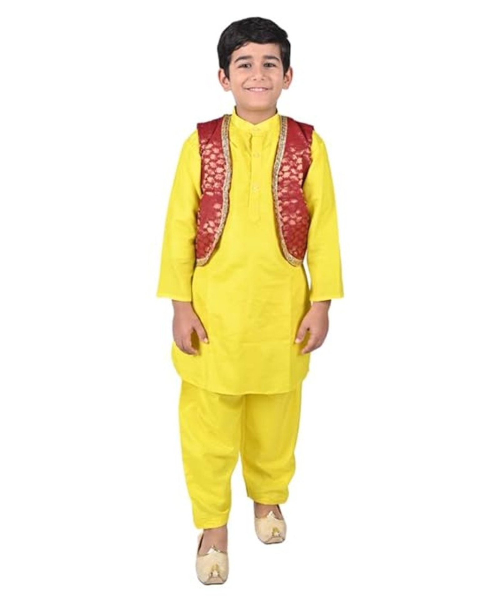 Itsmycostume Satin Kashmiri Dress Theme Costume Set - Yellow & Maroon-picture-13