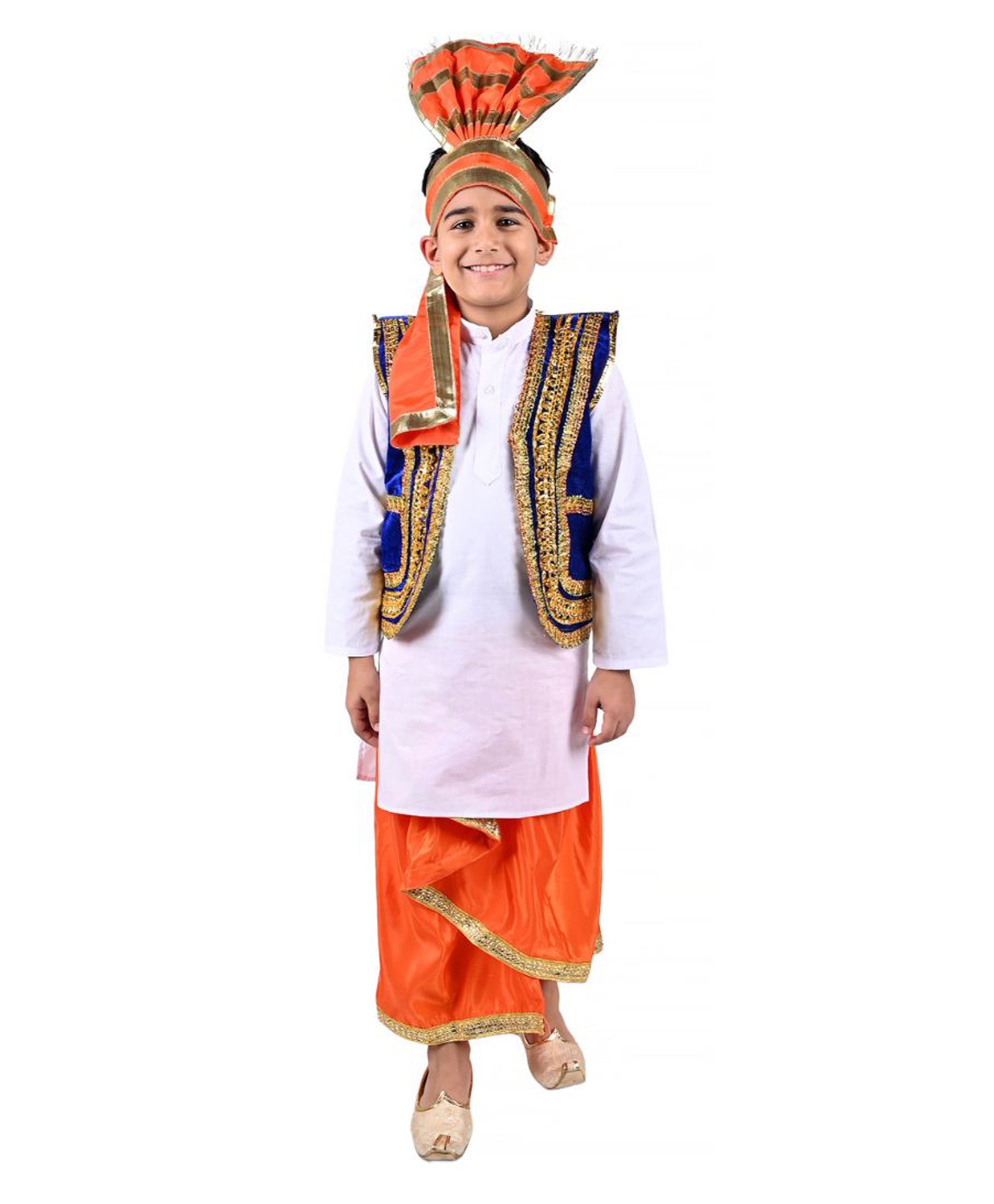 Itsmycostume Satin  Punjabi Dress Theme Costume Set - White Blue & Orange-image-1